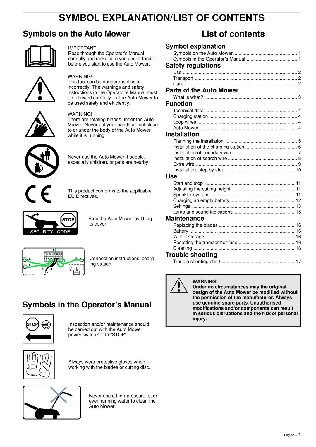 Husqvarna Robotic Lawn Mower manual Symbol EXPLANATION/LIST of Contents 