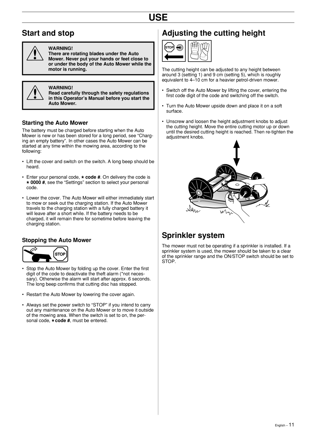 Husqvarna Robotic Lawn Mower manual Start and stop, Adjusting the cutting height, Sprinkler system, Starting the Auto Mower 