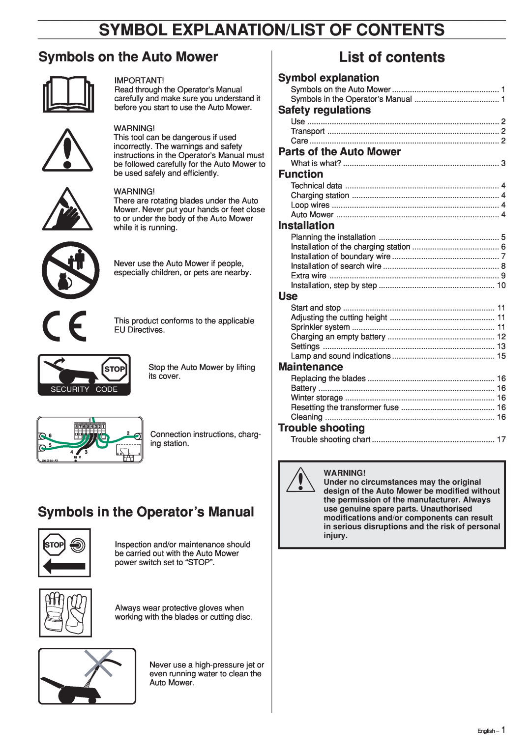 Husqvarna Robotic Lawn Mower Symbol Explanation/List Of Contents, Symbols on the Auto Mower, Symbol explanation, Function 