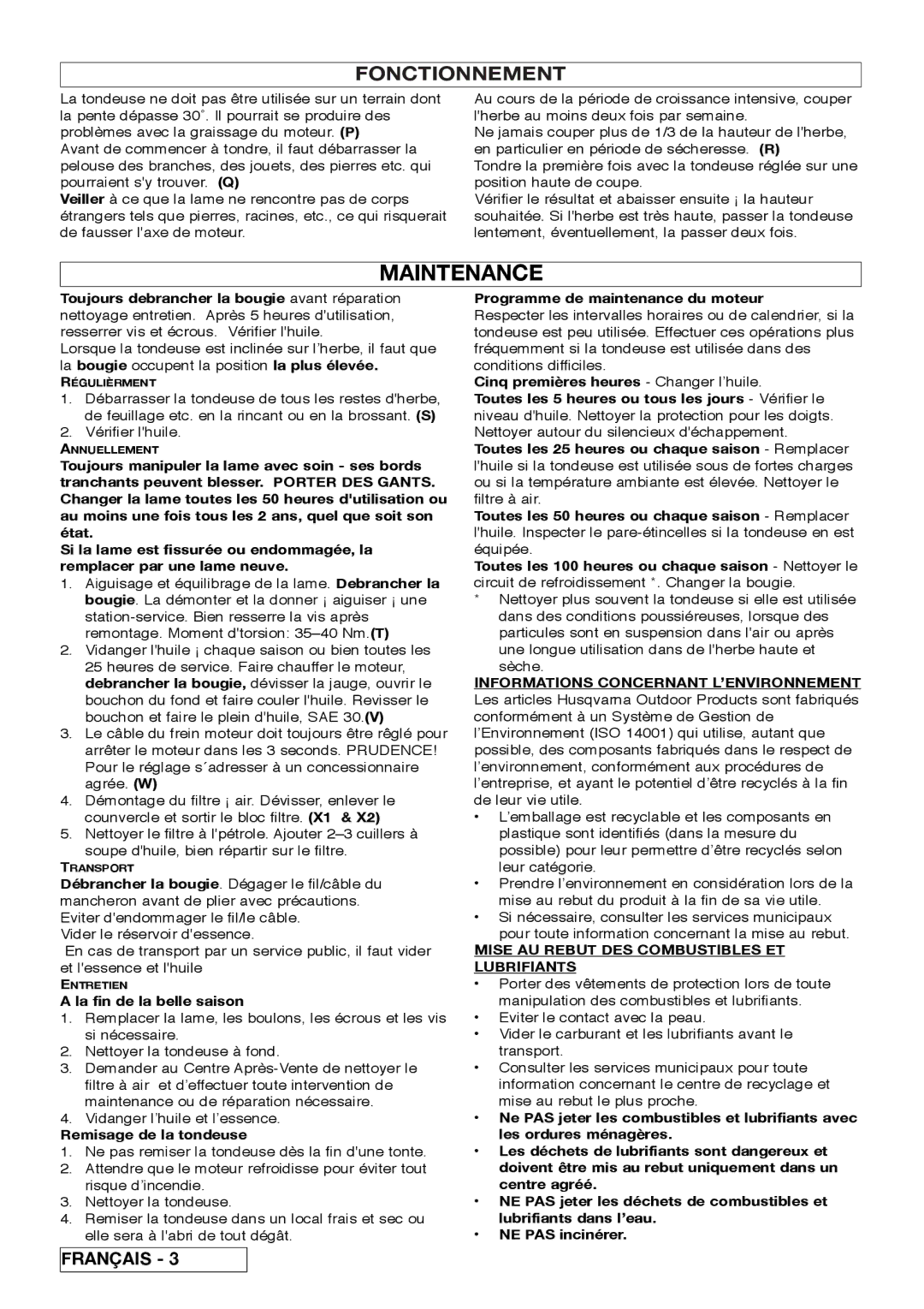 Husqvarna Rotary Lawnmower manuel dutilisation Fonctionnement, Informations Concernant L’ENVIRONNEMENT 