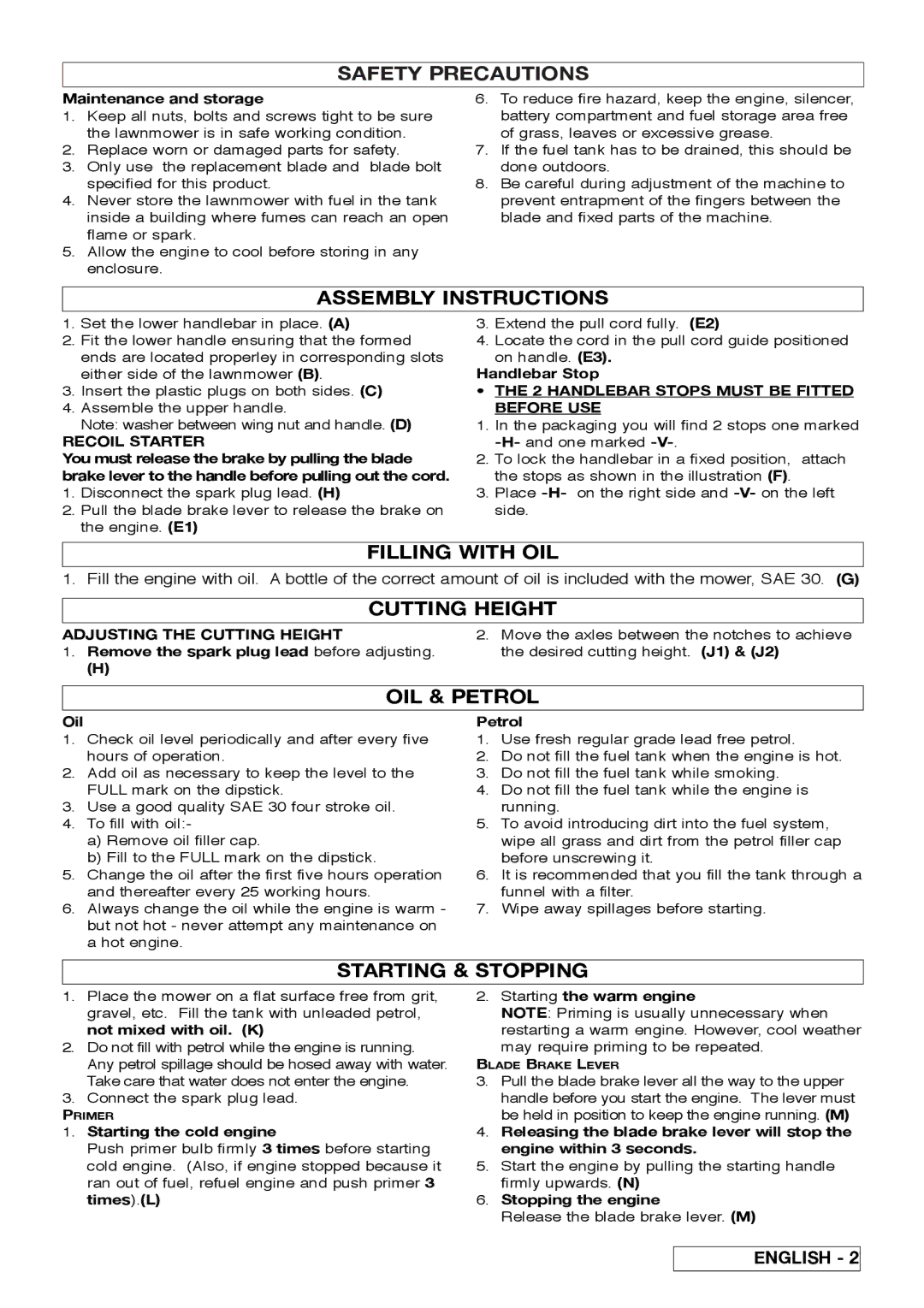 Husqvarna Rotary Lawnmower Assembly Instructions, Filling with OIL, Cutting Height, OIL & Petrol, Starting & Stopping 