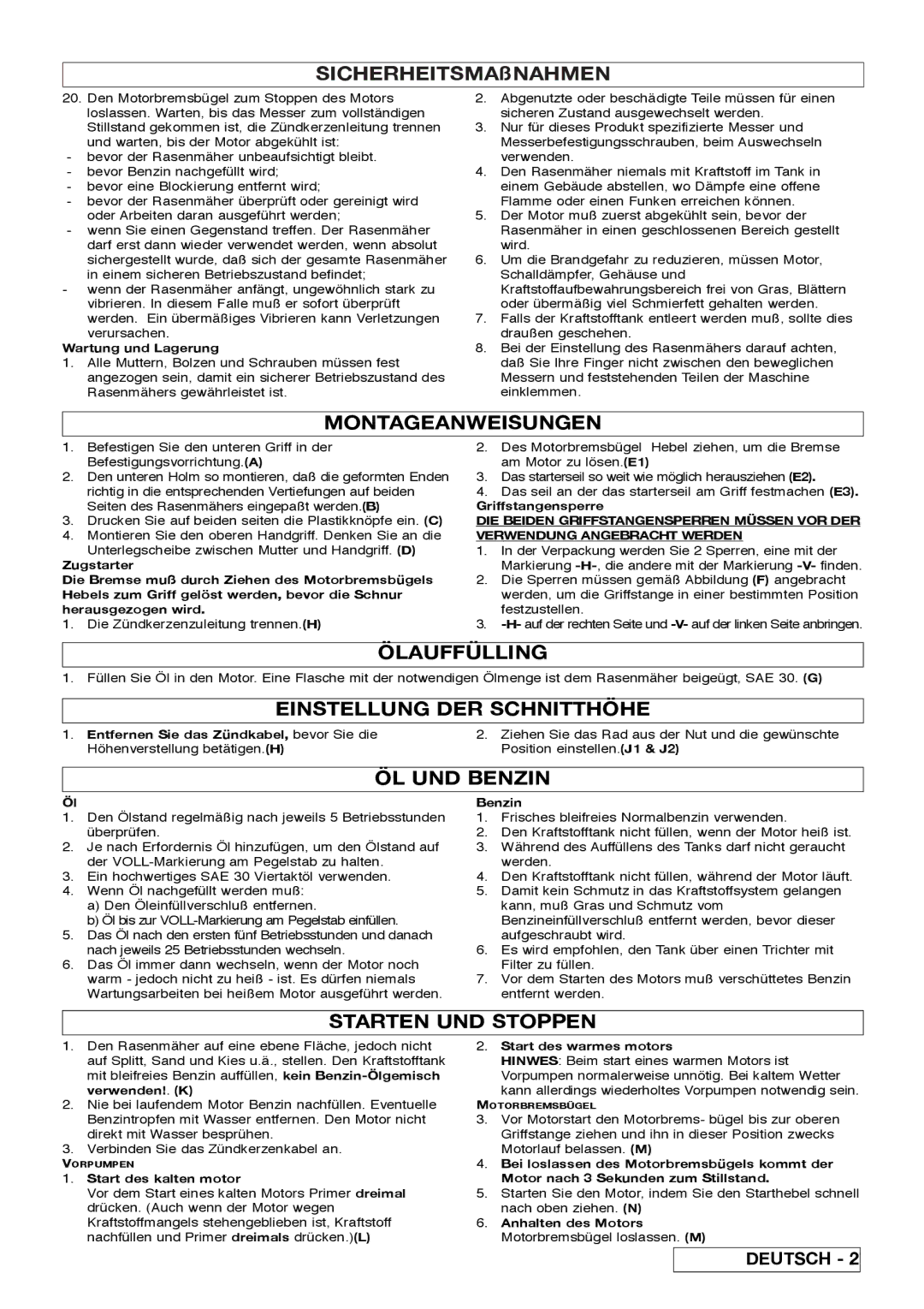 Husqvarna Rotary Lawnmower manuel dutilisation Montageanweisungen, Ölauffülling, Einstellung DER Schnitthöhe, ÖL UND Benzin 