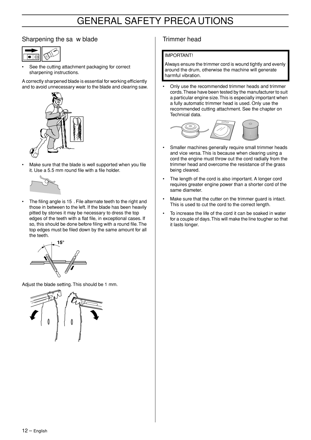 Husqvarna RS52, RS44, GR41, GR50 manual Sharpening the saw blade, Trimmer head 