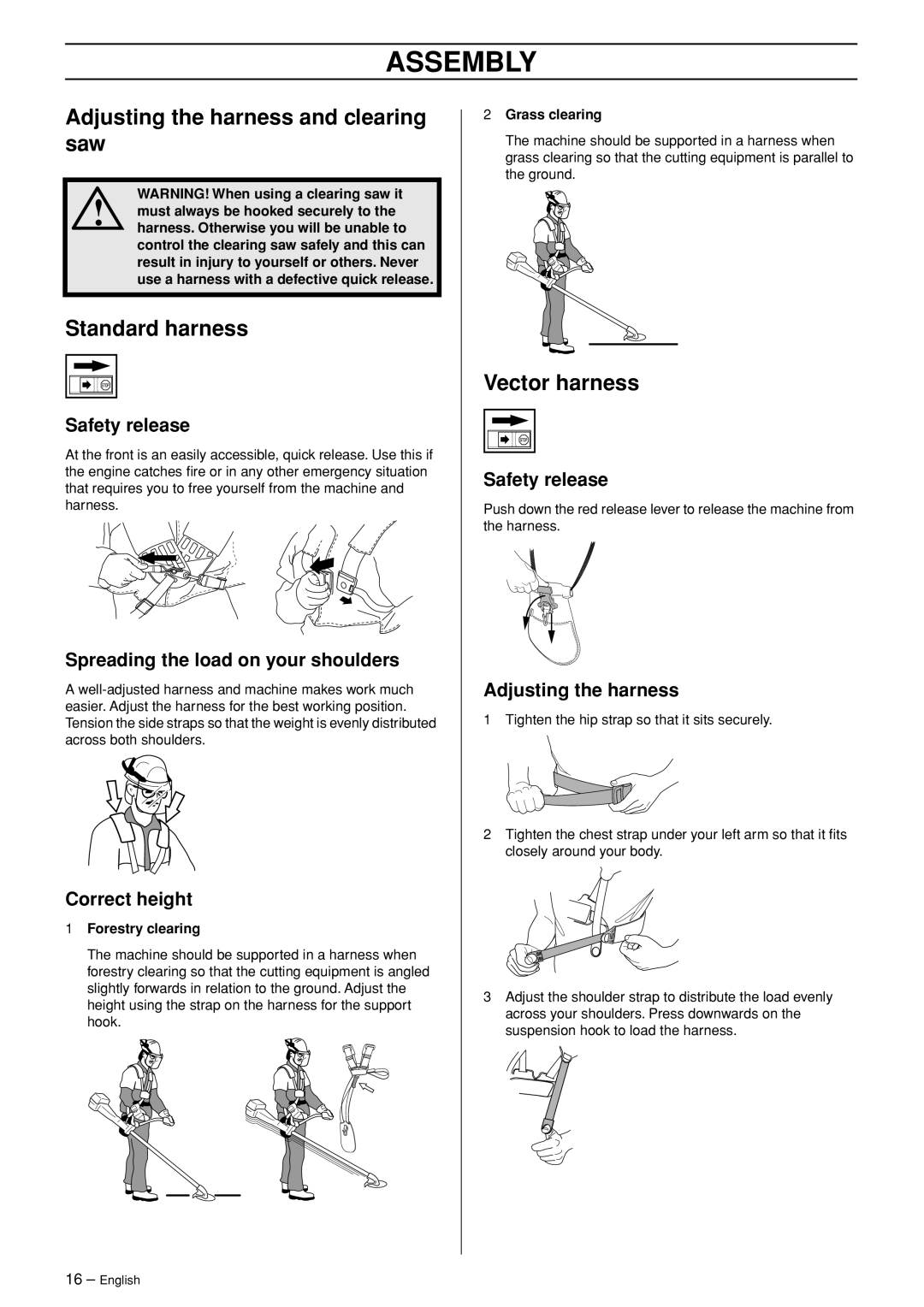 Husqvarna RS52, RS44, GR41, GR50 manual Adjusting the harness and clearing saw, Standard harness, Vector harness 