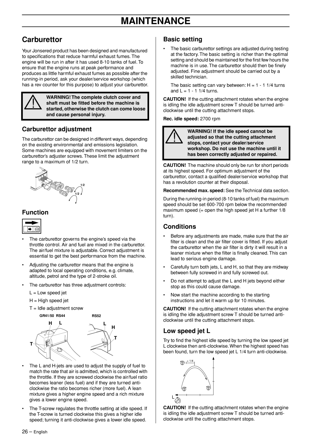 Husqvarna GR41, RS52, RS44, GR50 manual Maintenance, Carburettor 