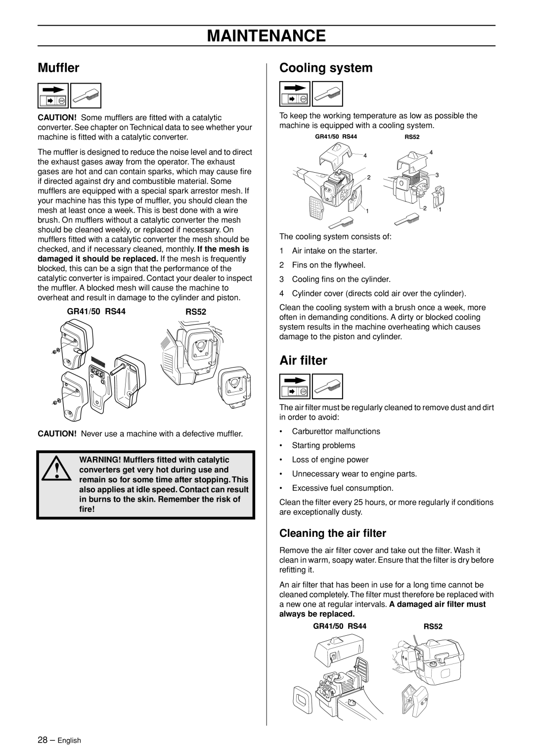 Husqvarna RS52, RS44, GR41, GR50 manual Mufﬂer, Cooling system, Air ﬁlter, Cleaning the air ﬁlter 