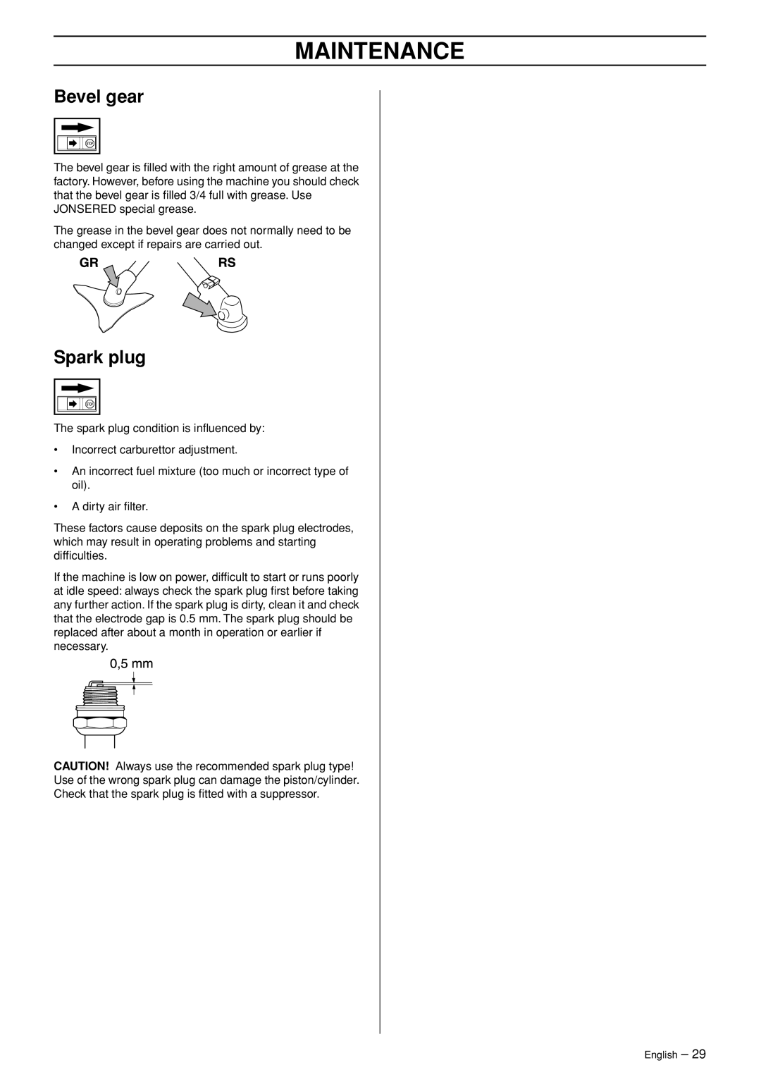 Husqvarna RS44, RS52, GR41, GR50 manual Bevel gear, Spark plug 