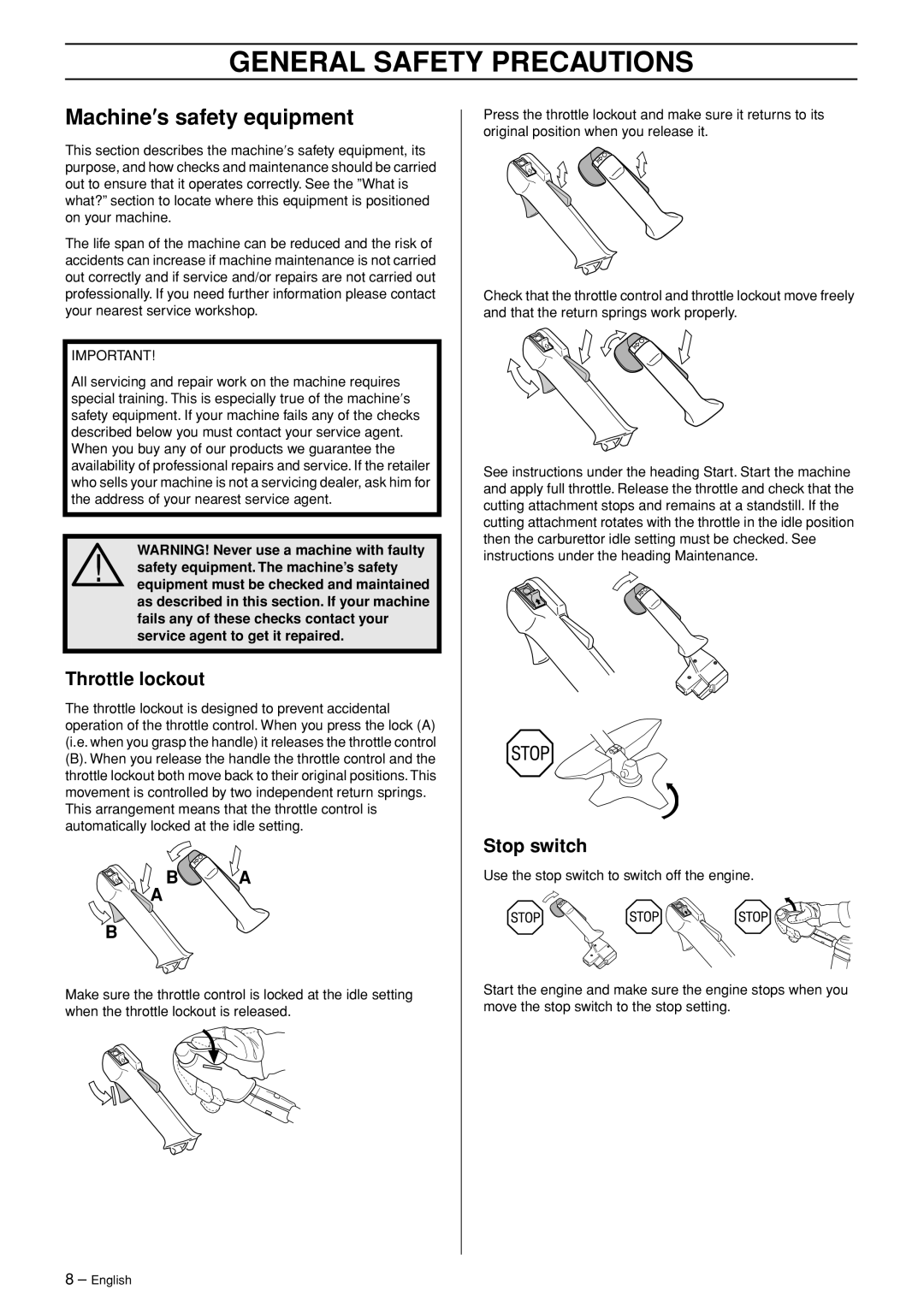 Husqvarna RS52, RS44, GR41, GR50 manual Machine′s safety equipment, Throttle lockout, Stop switch 