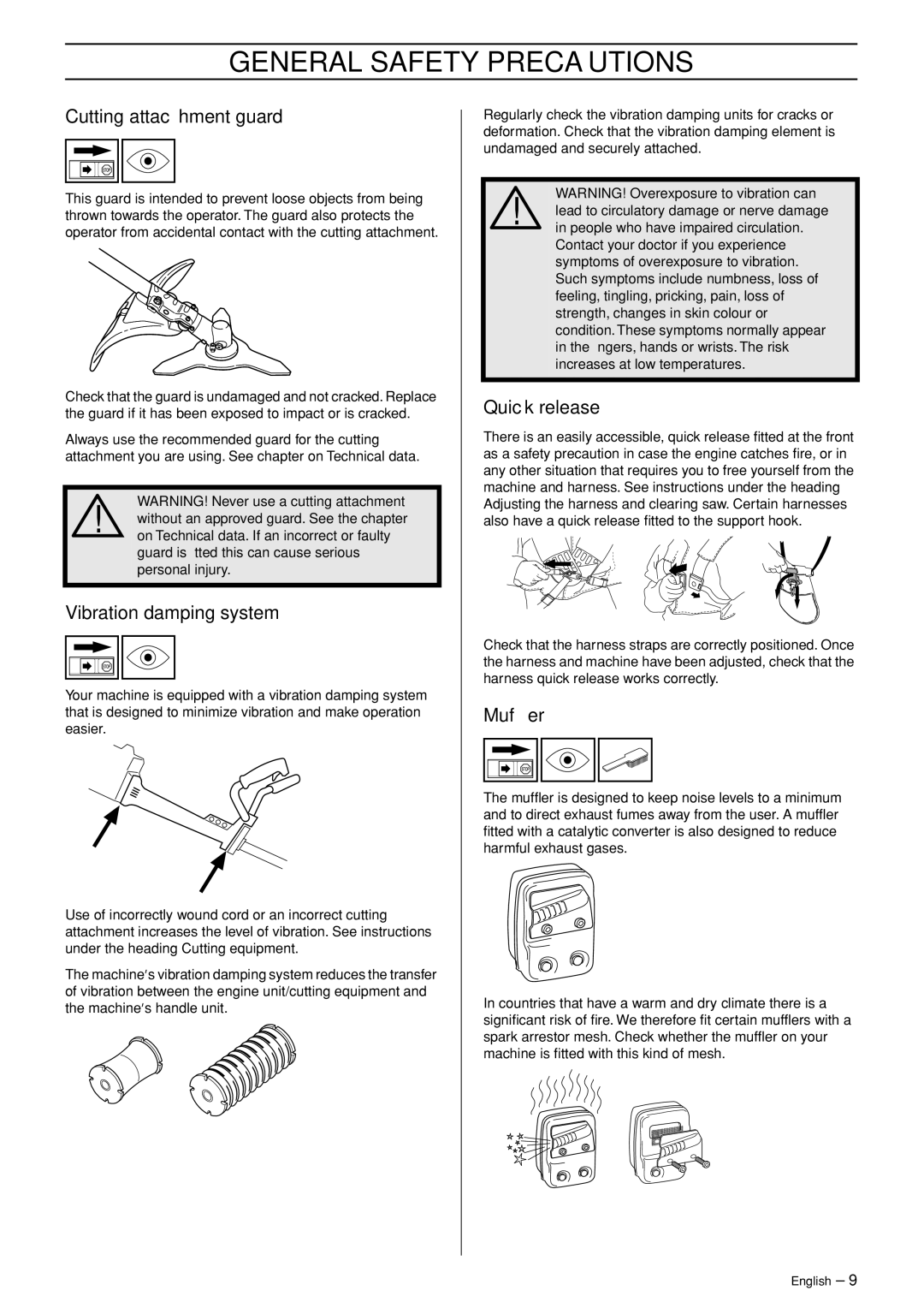 Husqvarna RS44, RS52, GR41, GR50 manual Cutting attachment guard, Vibration damping system, Quick release, Mufﬂer 