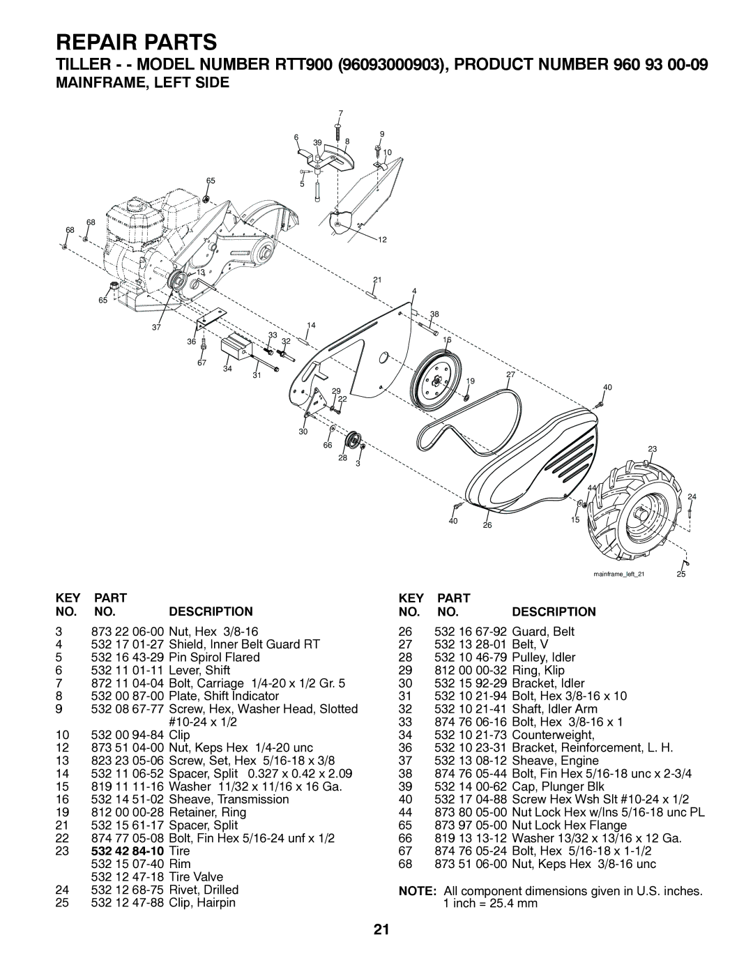 Husqvarna RTT900 owner manual MAINFRAME, Left Side, 532 42 84-10 Tire 