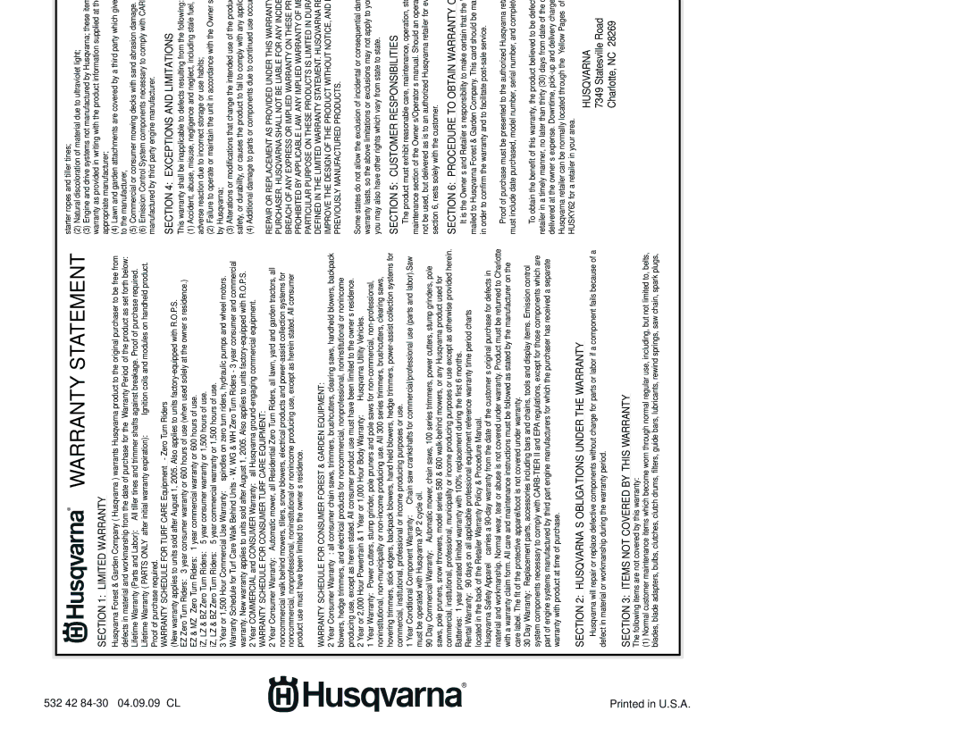 Husqvarna RTT900 owner manual Warranty Statement 