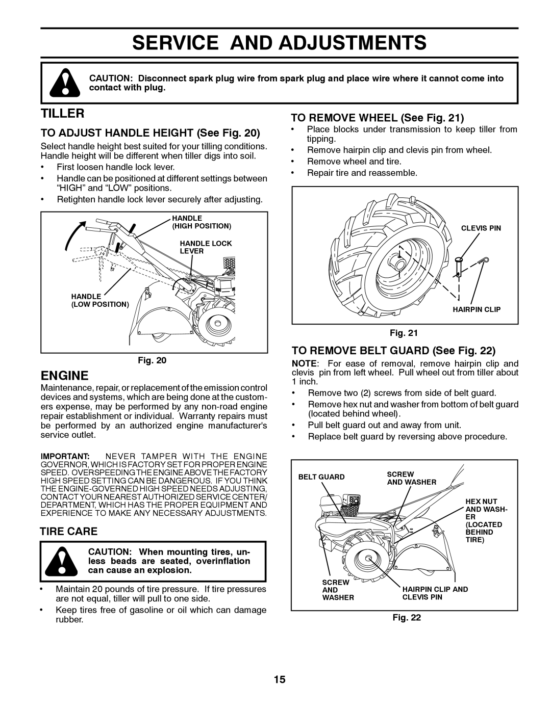 Husqvarna RTT900 Service And Adjustments, Tiller, TO ADJUST HANDLE HEIGHT See Fig, Tire Care, TO REMOVE WHEEL See Fig 