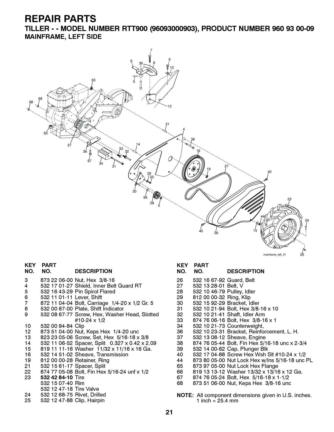 Husqvarna RTT900 owner manual Mainframe, Left Side, 532 42 84-10 Tire, Repair Parts, Description 