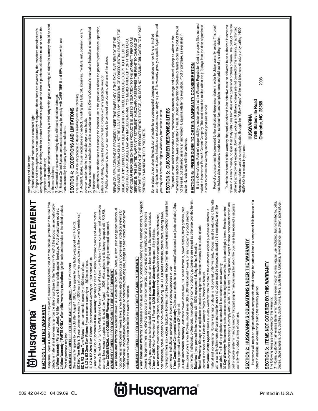 Husqvarna RTT900 owner manual Warranty Statement, 2008 