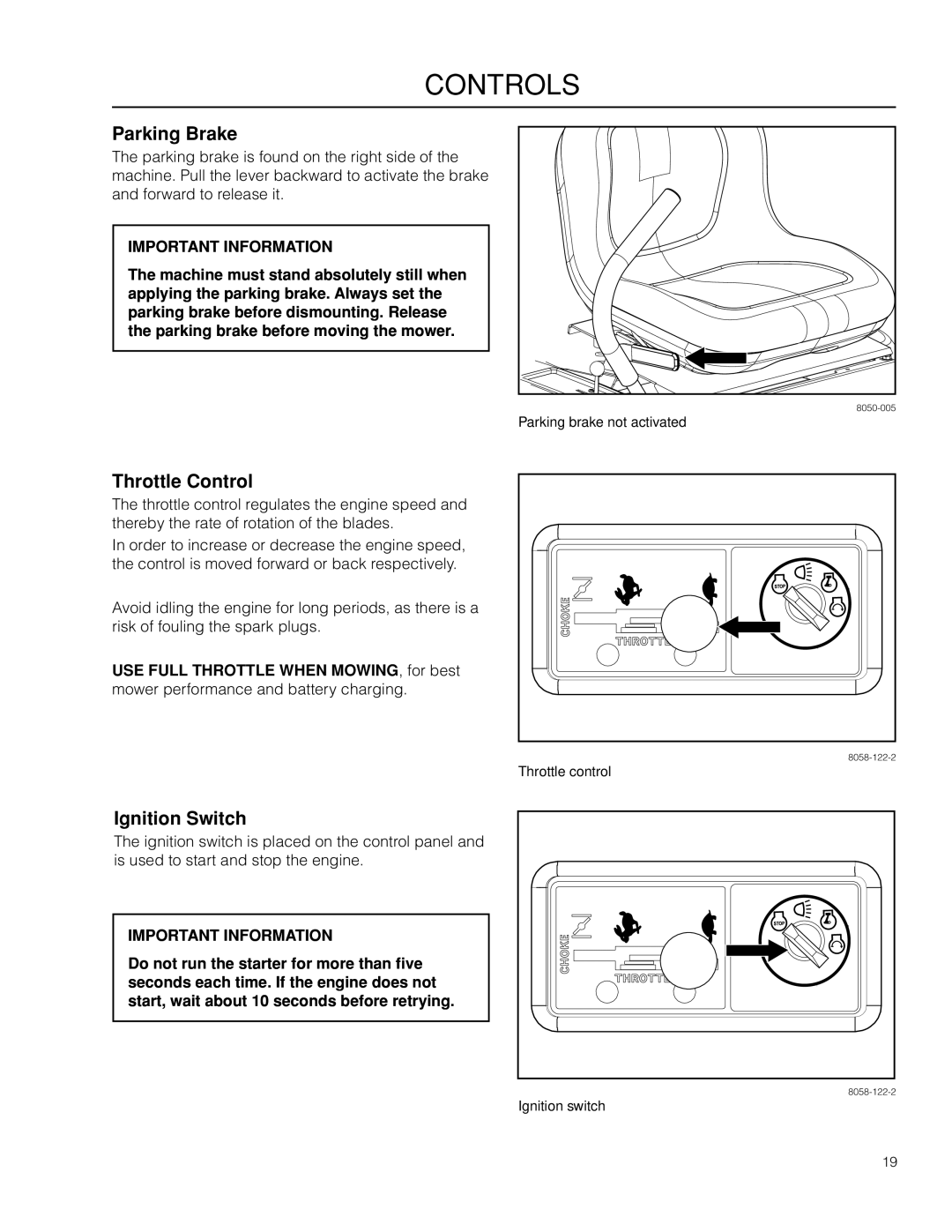 Husqvarna RZ19 CE / 966658901 manual Parking Brake, Throttle Control, Ignition Switch 