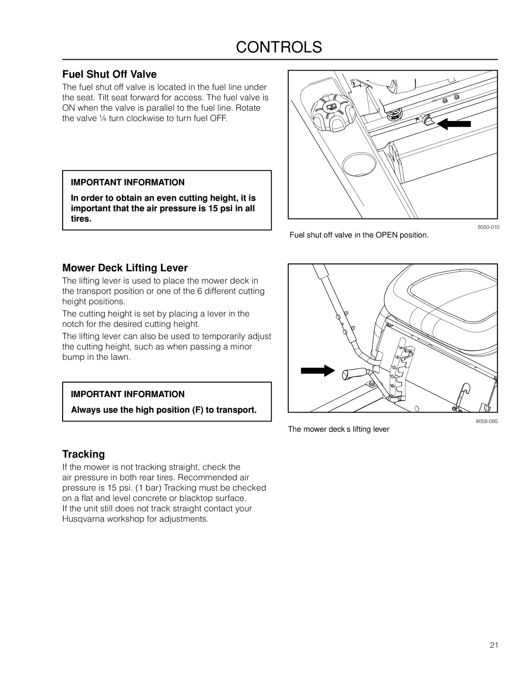 Husqvarna RZ19 CE / 966658901 manual Fuel Shut Off Valve, Mower Deck Lifting Lever, Tracking 