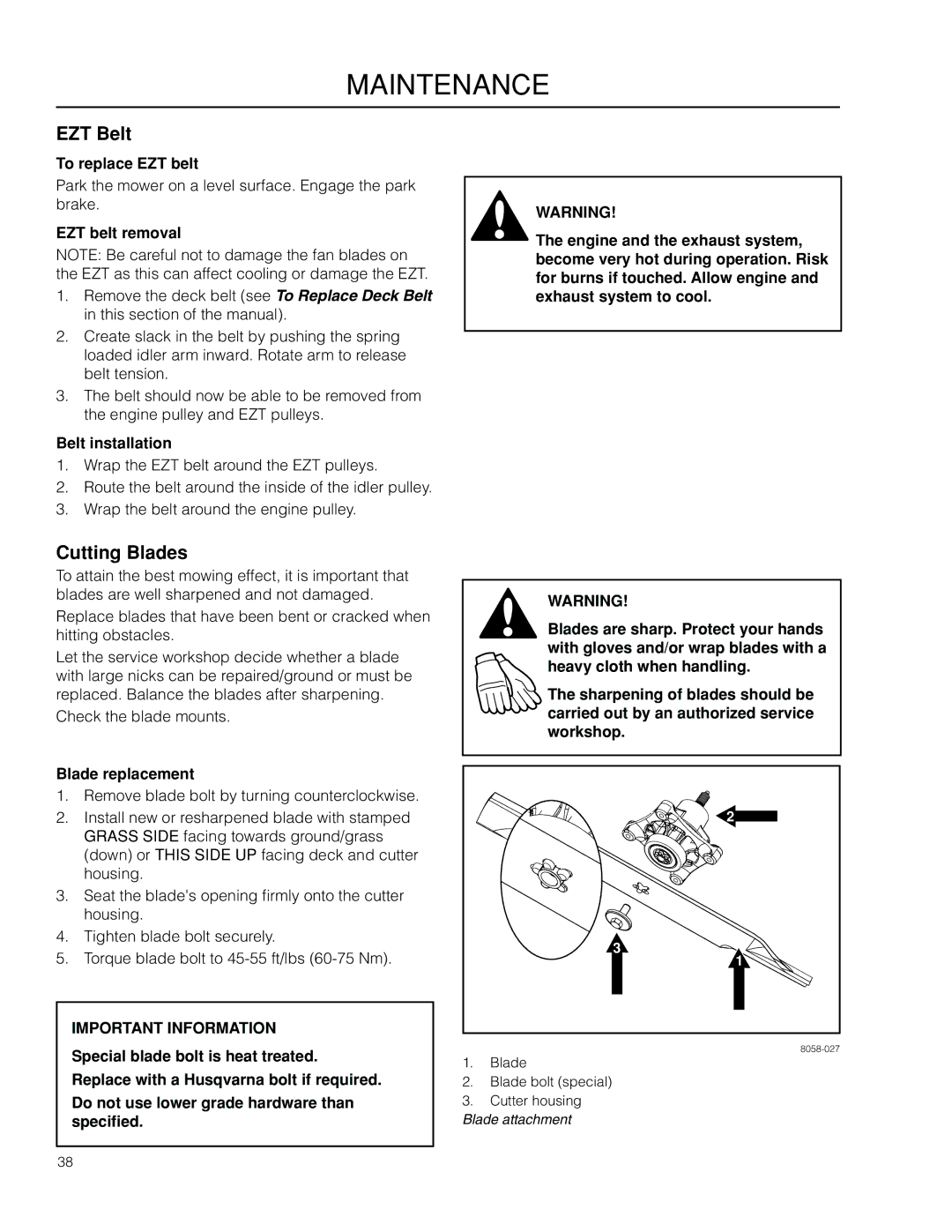 Husqvarna RZ19 CE / 966658901 manual EZT Belt, Cutting Blades 