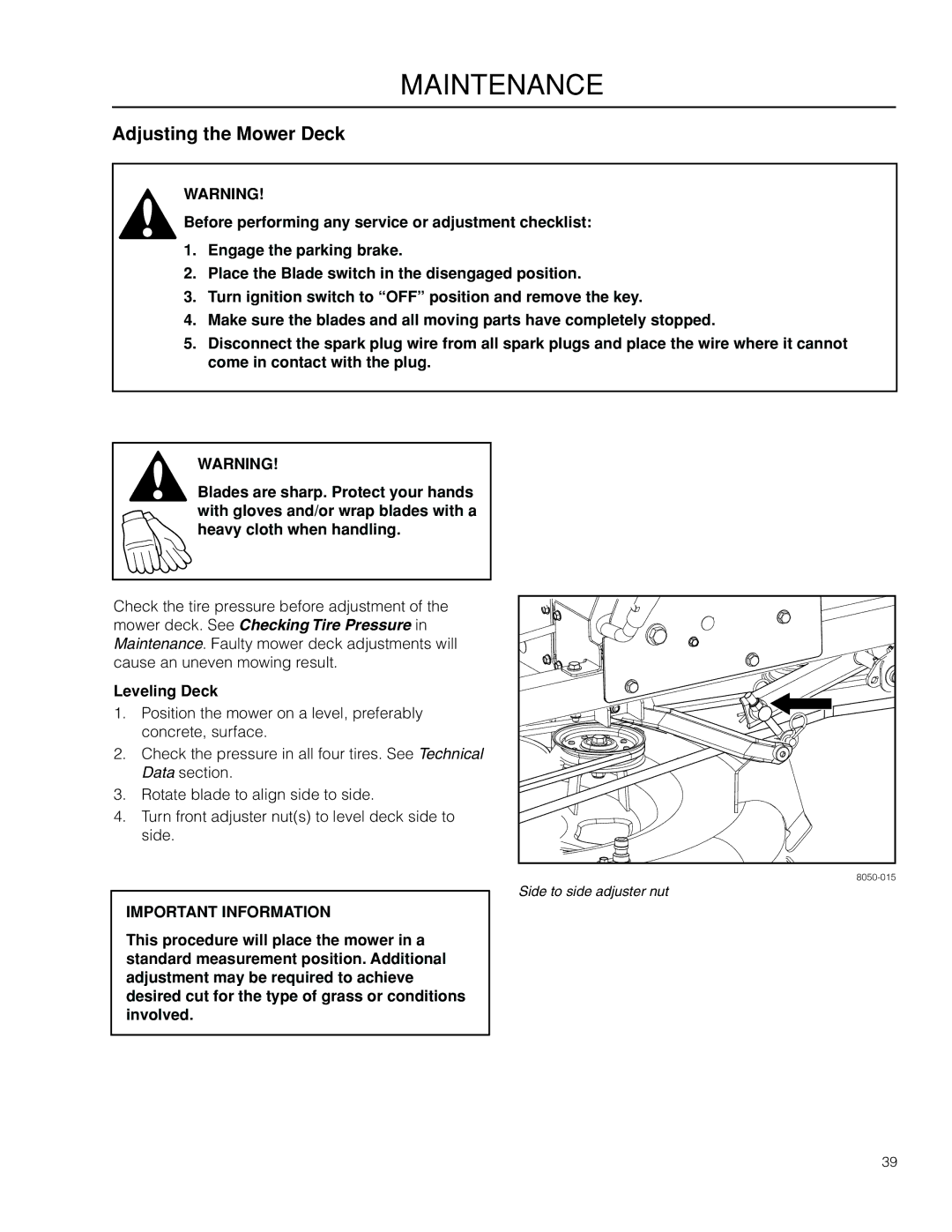 Husqvarna RZ19 CE / 966658901 manual Adjusting the Mower Deck, Leveling Deck 