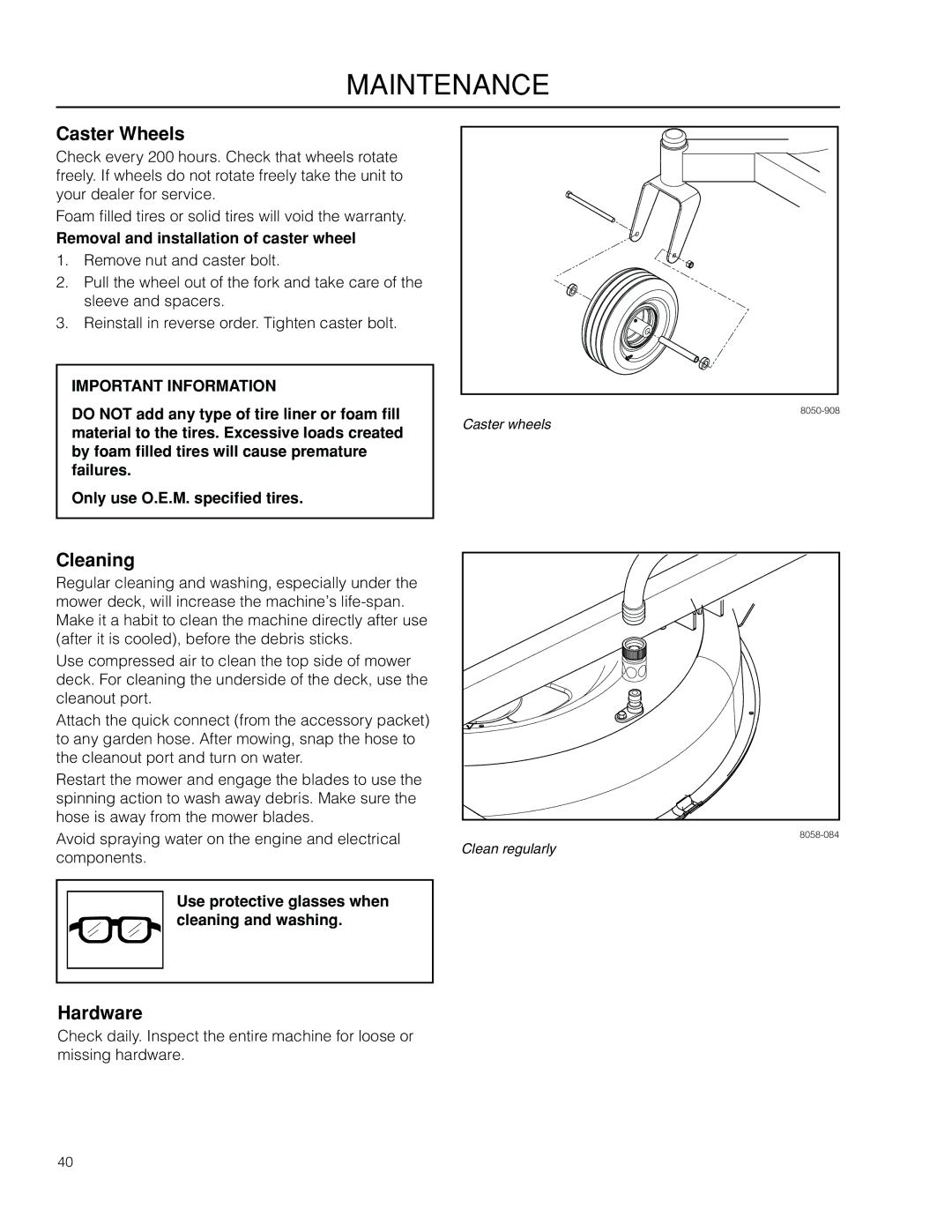 Husqvarna RZ19 CE / 966658901 manual Caster Wheels, Cleaning, Hardware, Removal and installation of caster wheel 