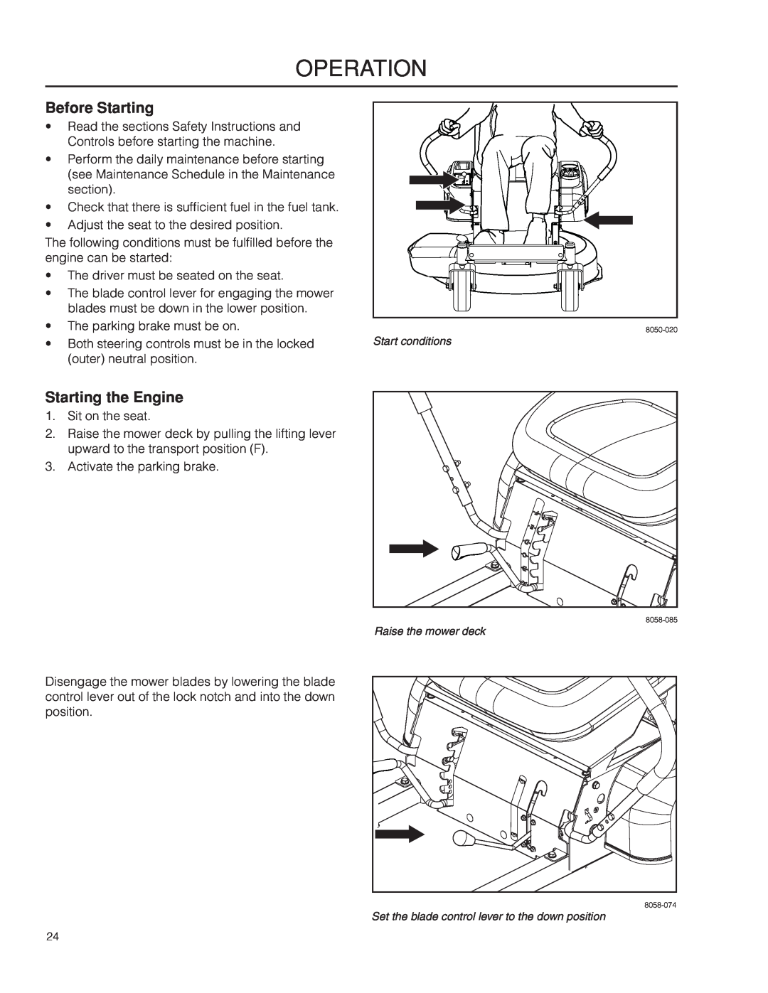 Husqvarna RZ19 CE / 966658901 manual Before Starting, Starting the Engine, operation 