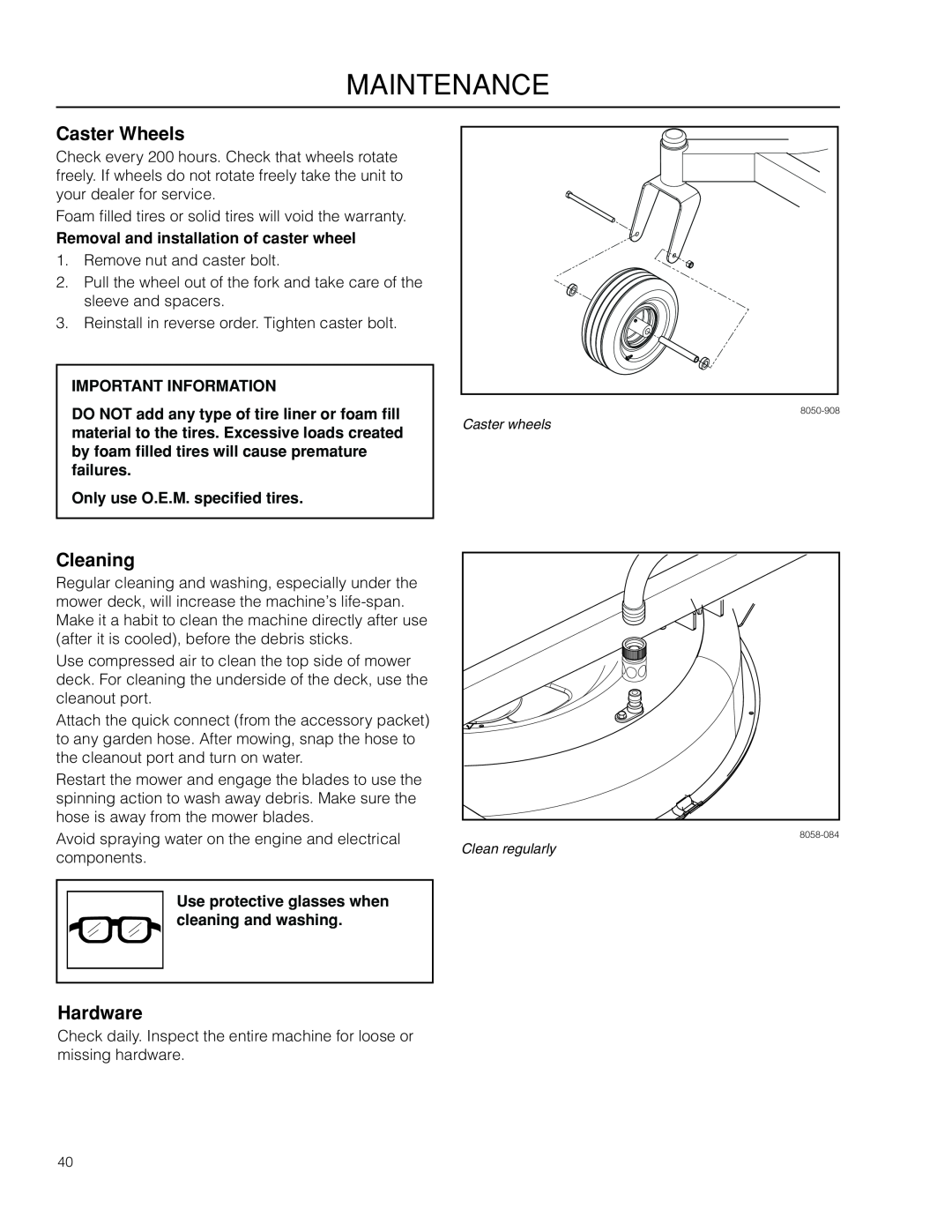 Husqvarna RZ19 CE / 966658901 Caster Wheels, Cleaning, Hardware, Removal and installation of caster wheel, Maintenance 