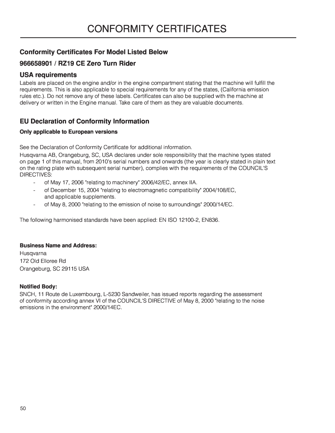 Husqvarna RZ19 CE / 966658901 manual CONForMITY CERTIFICATES, USA requirements, EU Declaration of Conformity Information 