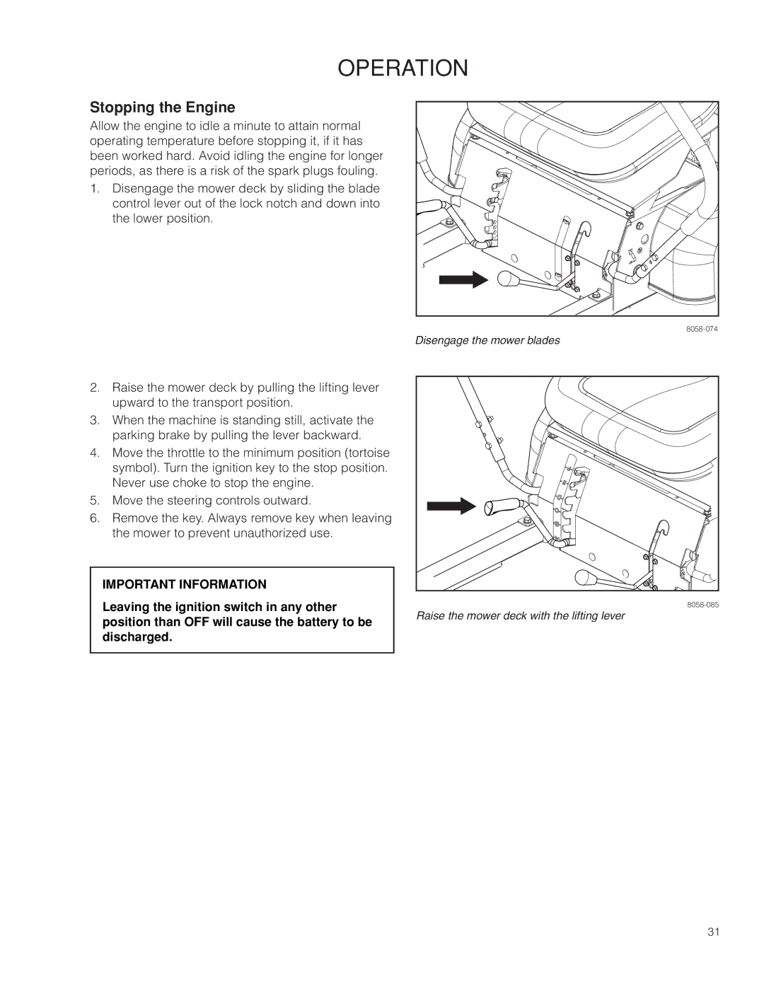 Husqvarna RZ3016 CA/966612302, RZ3019 BF/966582101, RZ3016/966612301 warranty Stopping the Engine 