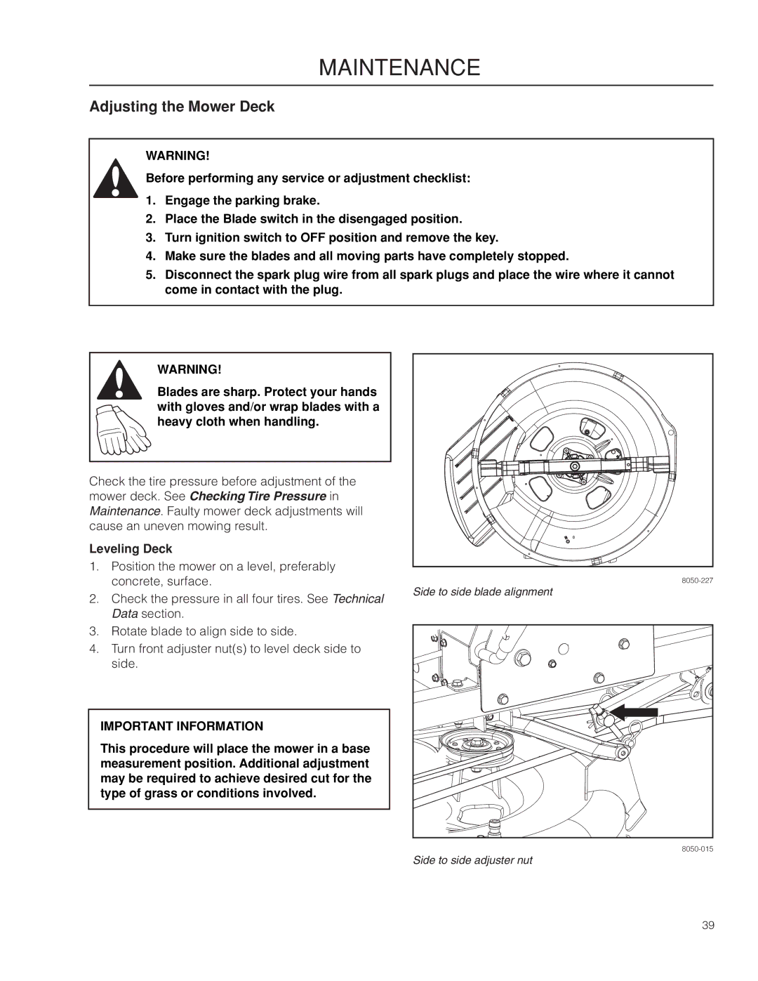 Husqvarna RZ3019 BF/966582101, RZ3016 CA/966612302, RZ3016/966612301 warranty Adjusting the Mower Deck, Leveling Deck 