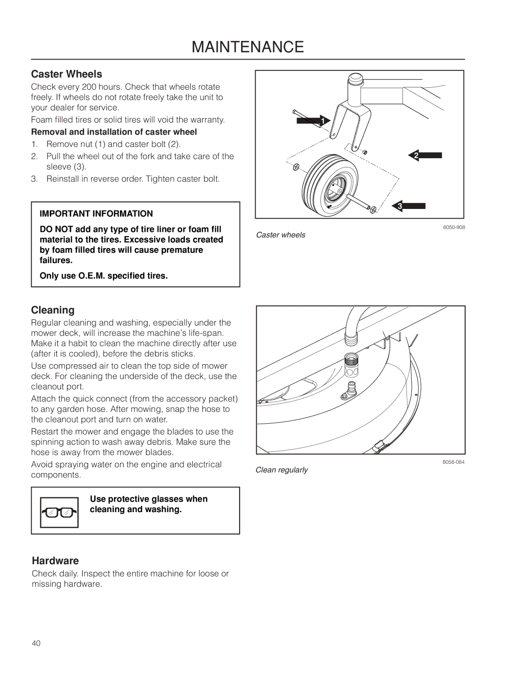 Husqvarna RZ3016 CA/966612302 warranty Caster Wheels, Cleaning, Hardware, Removal and installation of caster wheel 