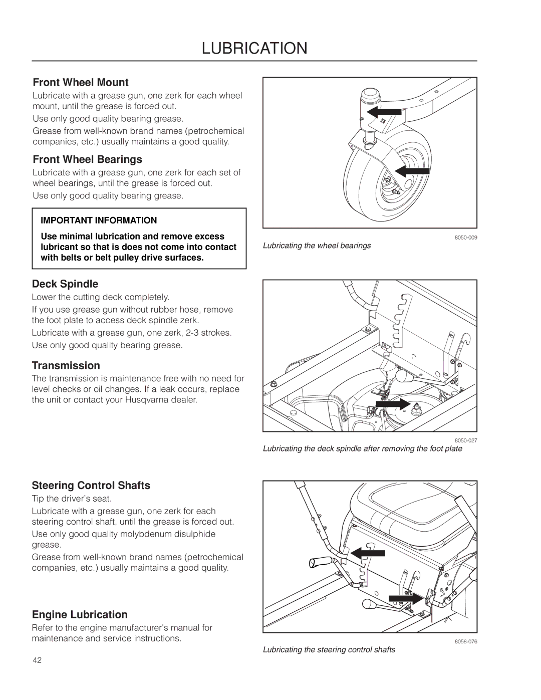 Husqvarna RZ3019 BF/966582101 Front Wheel Mount, Front Wheel Bearings, Deck Spindle, Transmission, Steering Control Shafts 