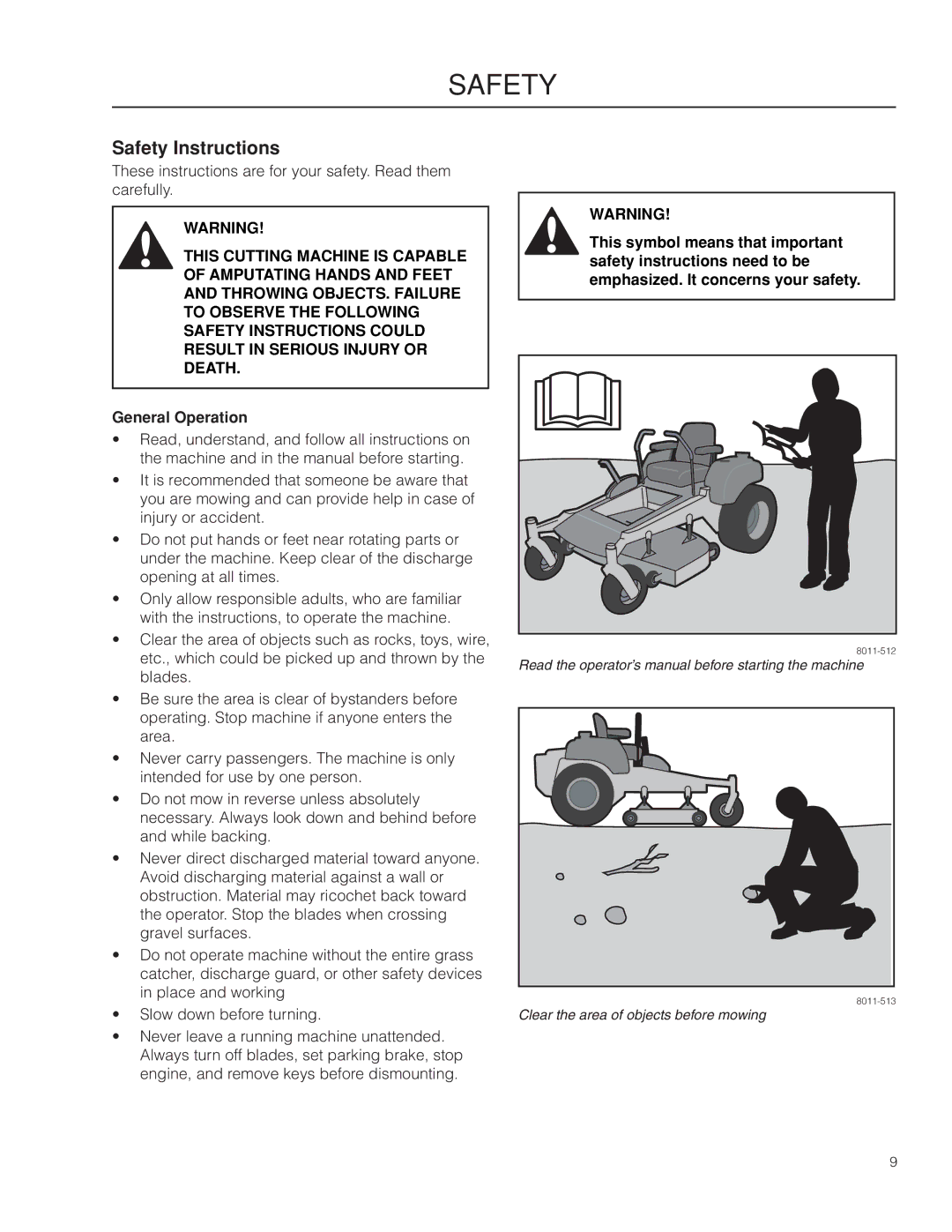 Husqvarna RZ3019 BF/966582101, RZ3016 CA/966612302, RZ3016/966612301 warranty Safety Instructions, General Operation 