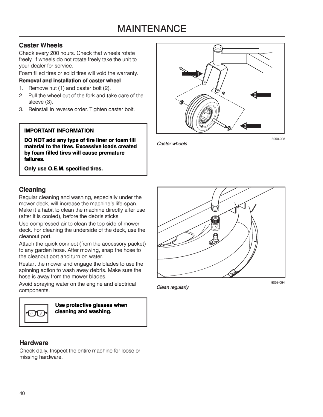 Husqvarna RZ3016 CA/966612302 Caster Wheels, Cleaning, Hardware, Removal and installation of caster wheel, Maintenance 
