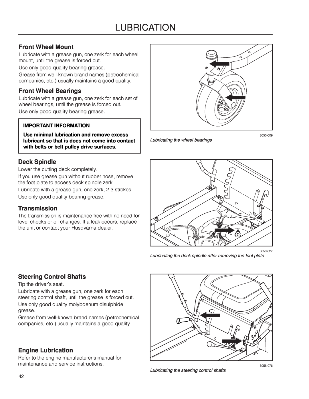 Husqvarna RZ3019 BF/966582101 Front Wheel Mount, Front Wheel Bearings, Deck Spindle, Transmission, Steering Control Shafts 