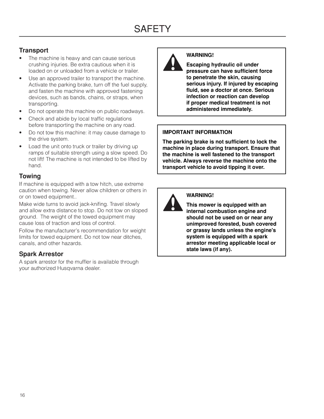 Husqvarna RZ4216 manual Transport, Spark Arrestor 