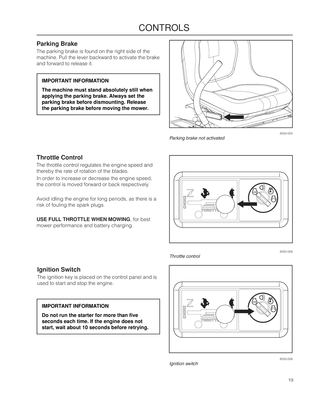 Husqvarna RZ4216 manual Parking Brake, Throttle Control, Ignition Switch 