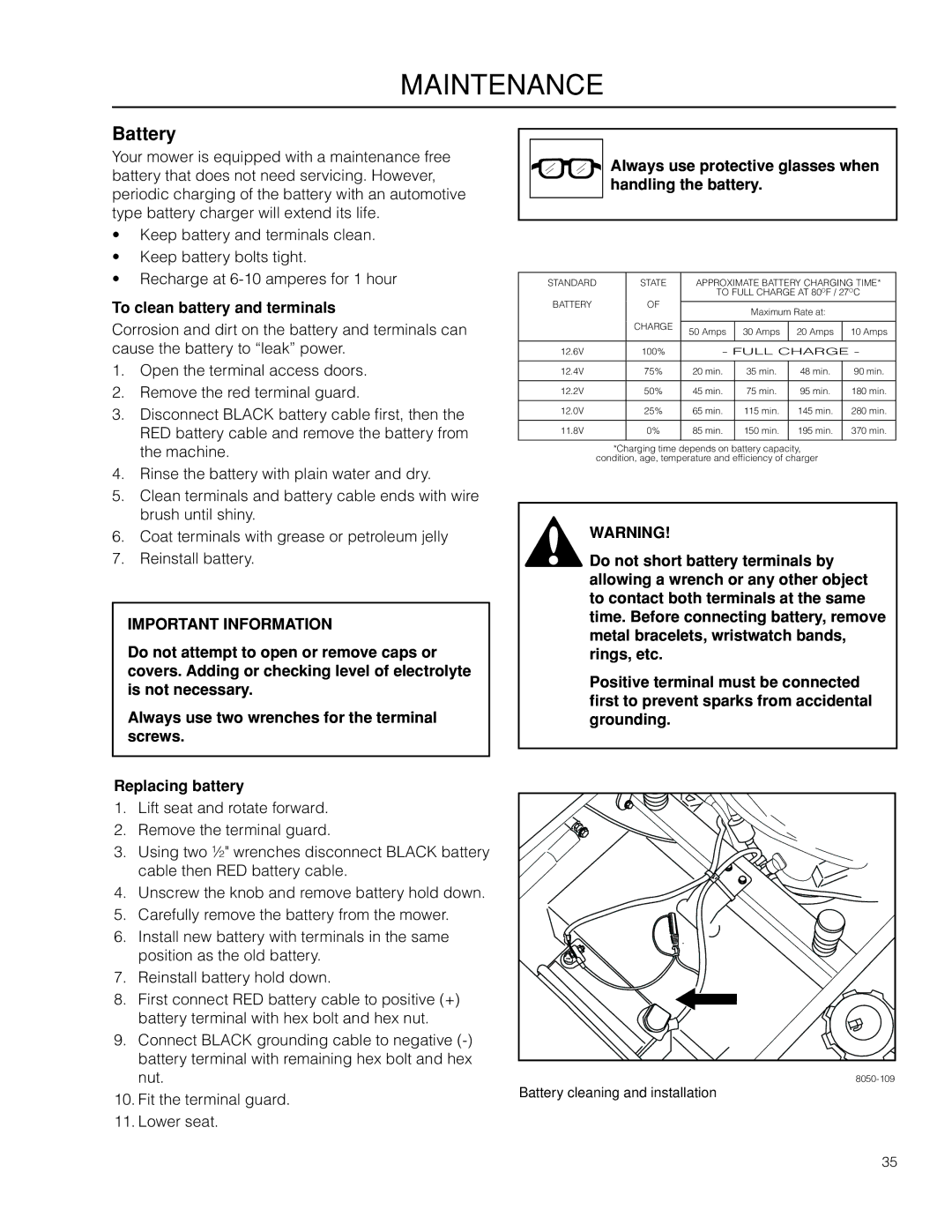 Husqvarna RZ4216 manual Battery, To clean battery and terminals, Always use protective glasses when handling the battery 