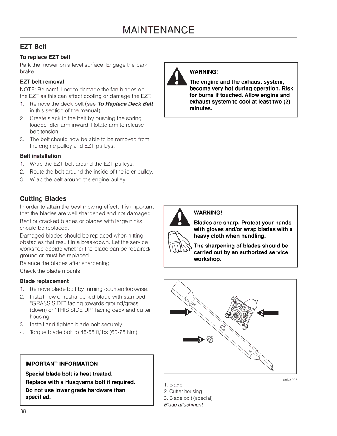 Husqvarna RZ4216 manual EZT Belt, Cutting Blades 