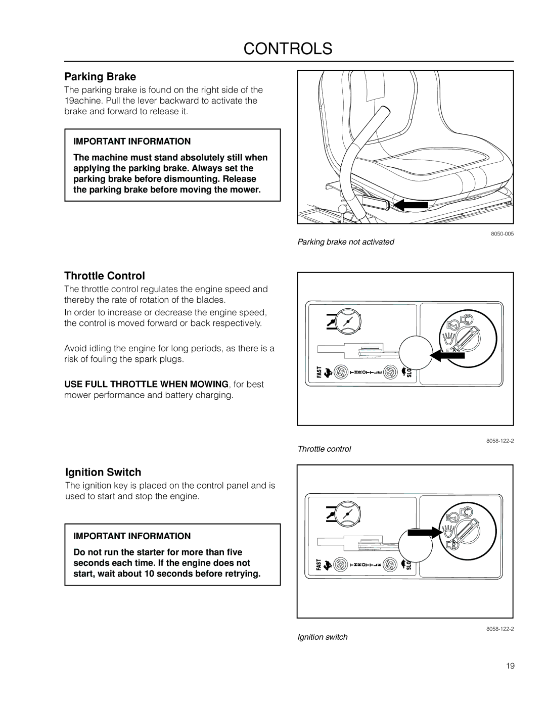 Husqvarna RZ4219BF / 966582201 manual Parking Brake, Throttle Control, Ignition Switch 