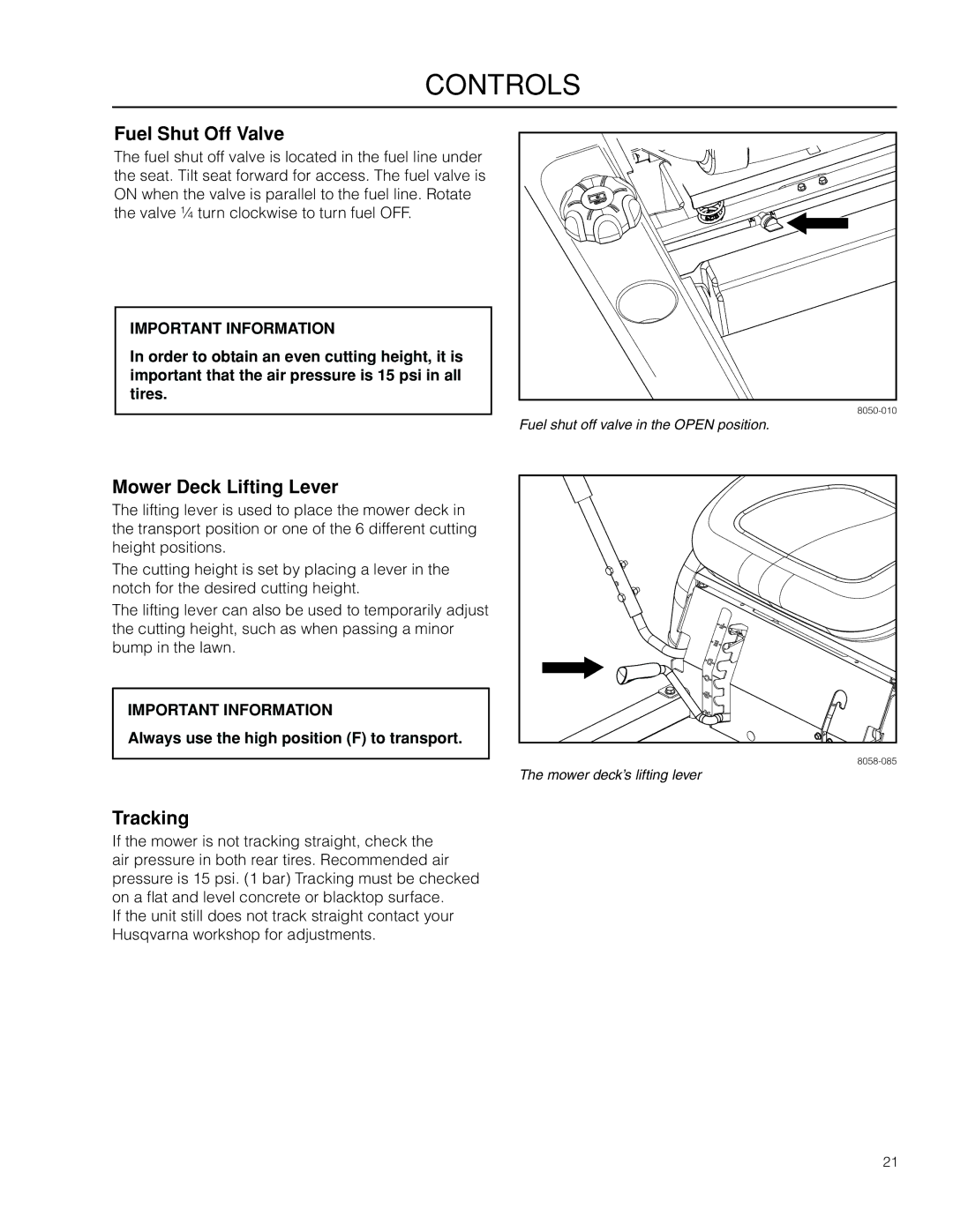 Husqvarna RZ4219BF / 966582201 manual Fuel Shut Off Valve, Mower Deck Lifting Lever, Tracking 