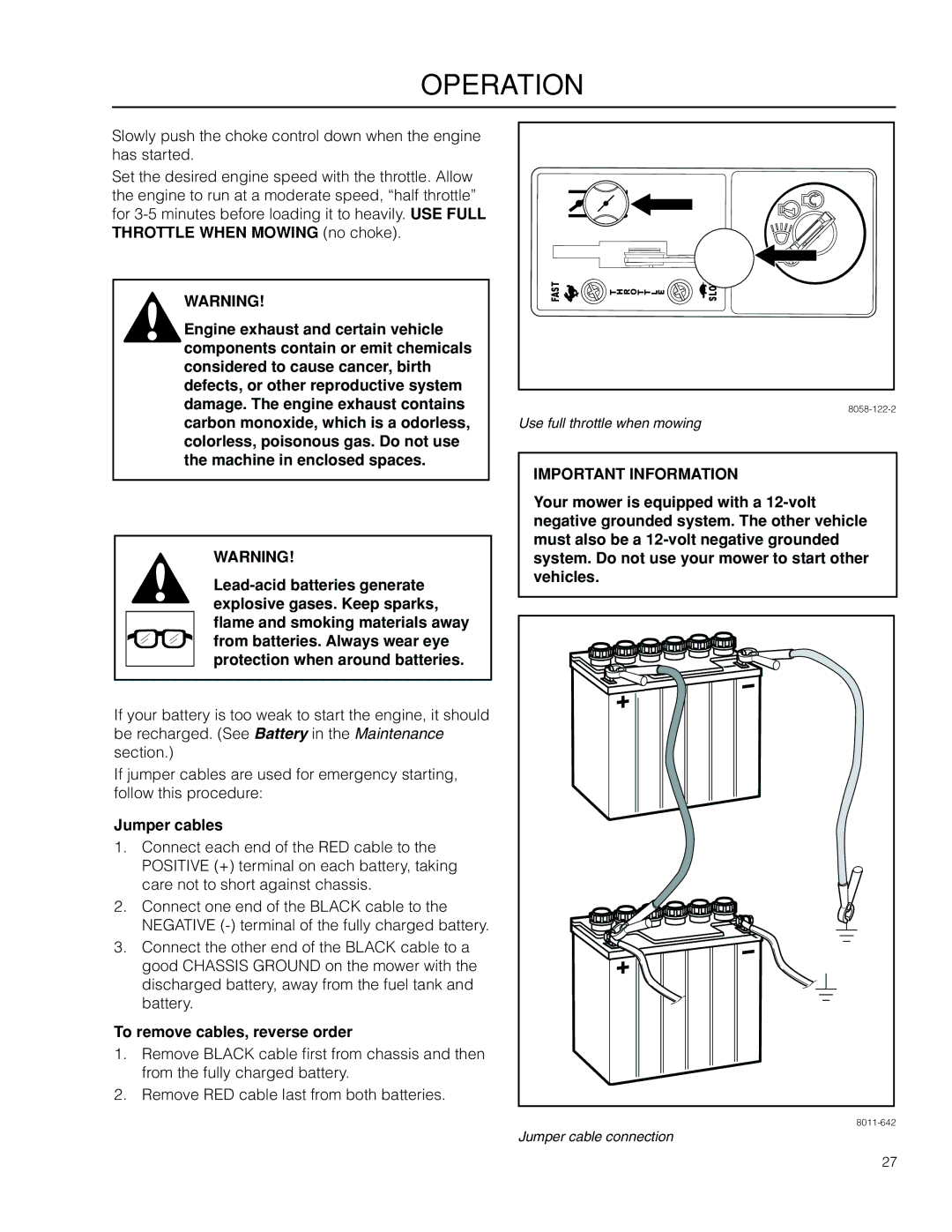 Husqvarna RZ4219BF / 966582201 manual Jumper cables, To remove cables, reverse order 