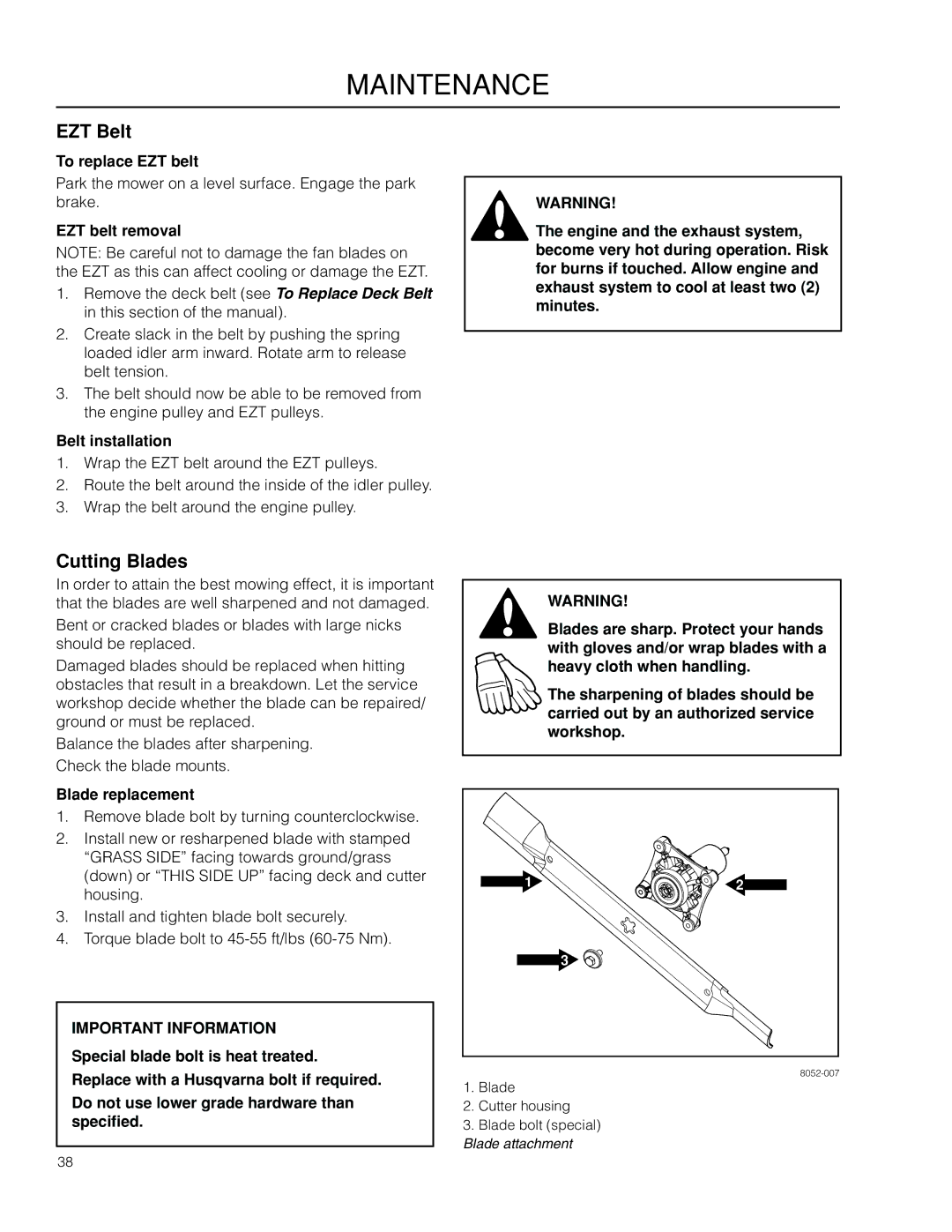 Husqvarna RZ4219BF / 966582201 manual EZT Belt, Cutting Blades 