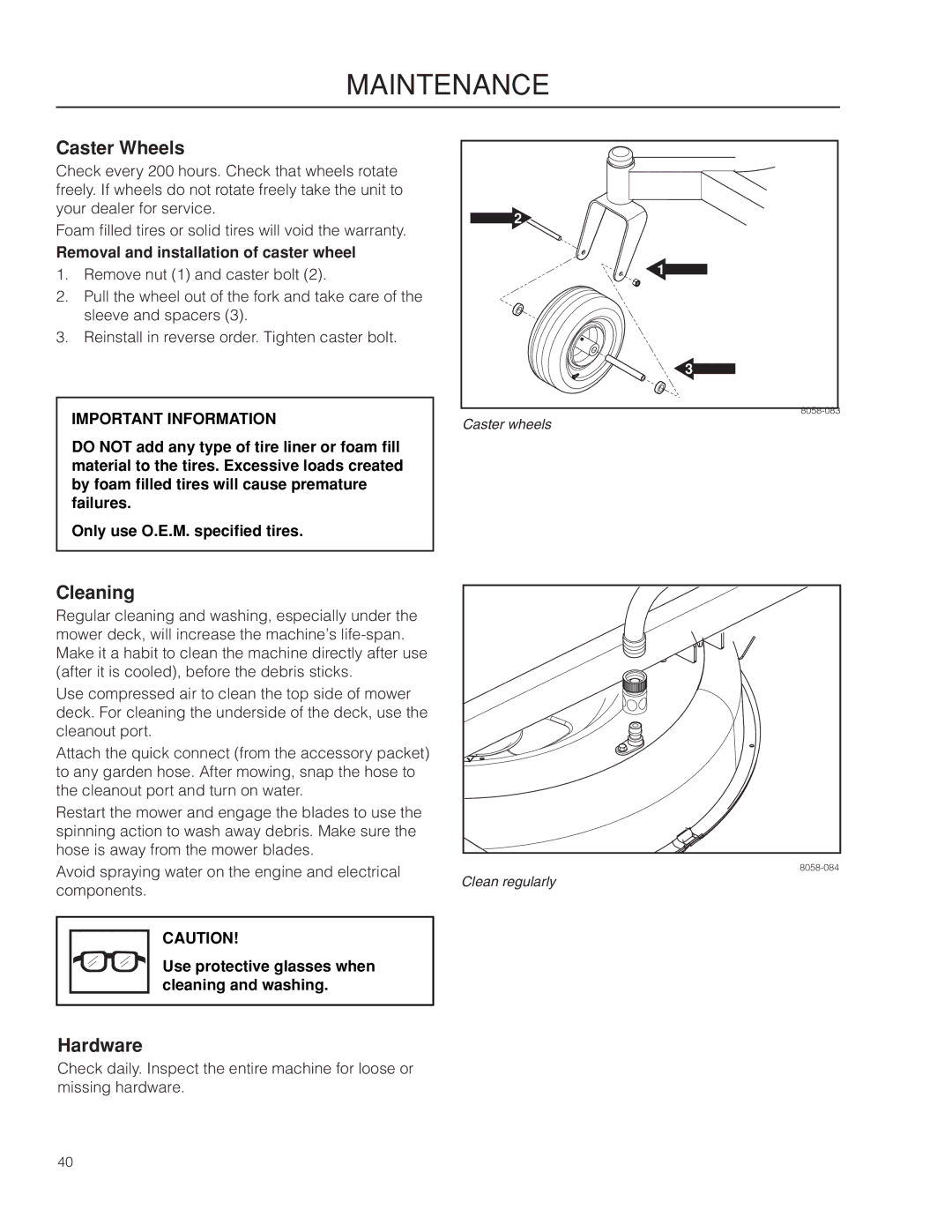 Husqvarna RZ4221 BF / 967176101 warranty Caster Wheels, Cleaning, Hardware, Removal and installation of caster wheel 