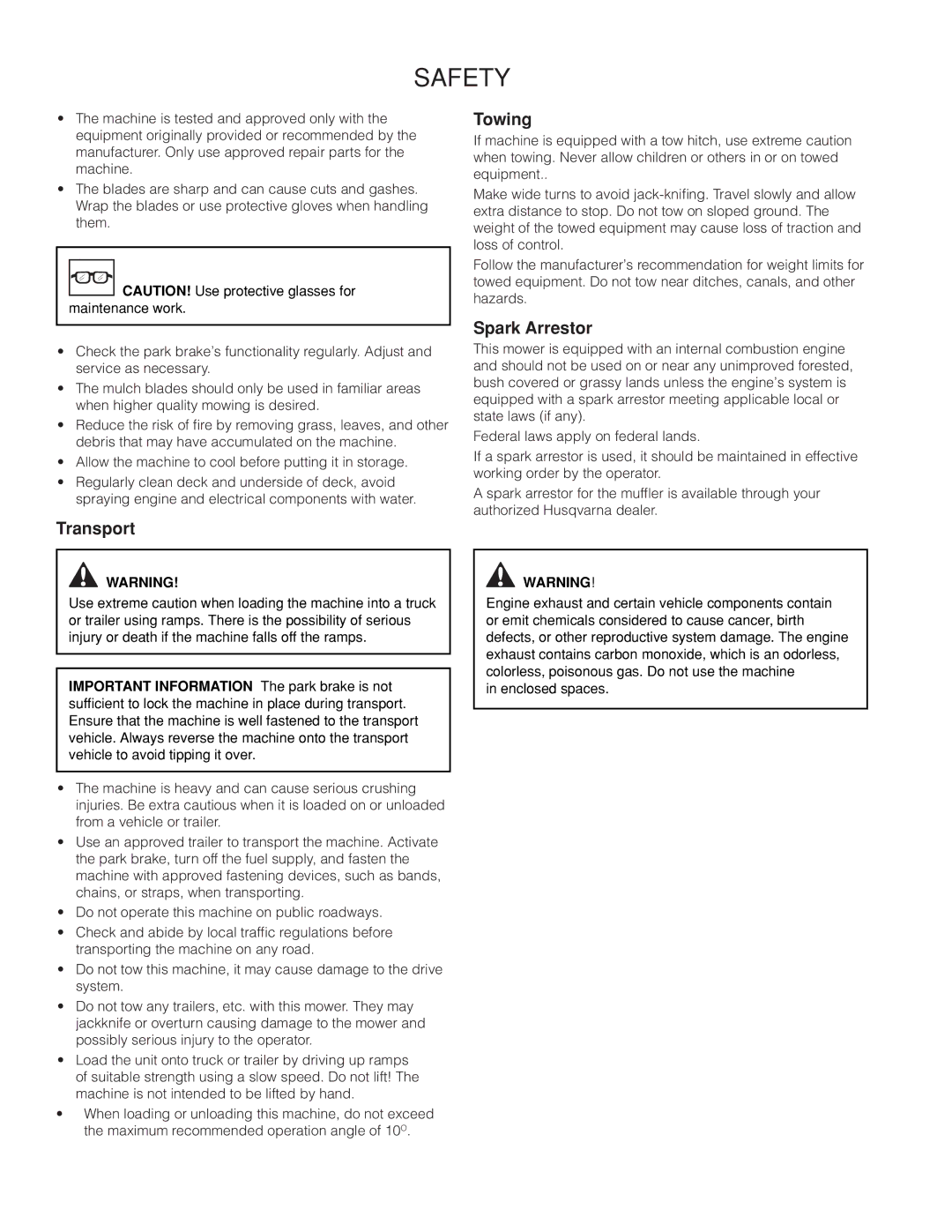 Husqvarna RZ46215 warranty Transport, Spark Arrestor 