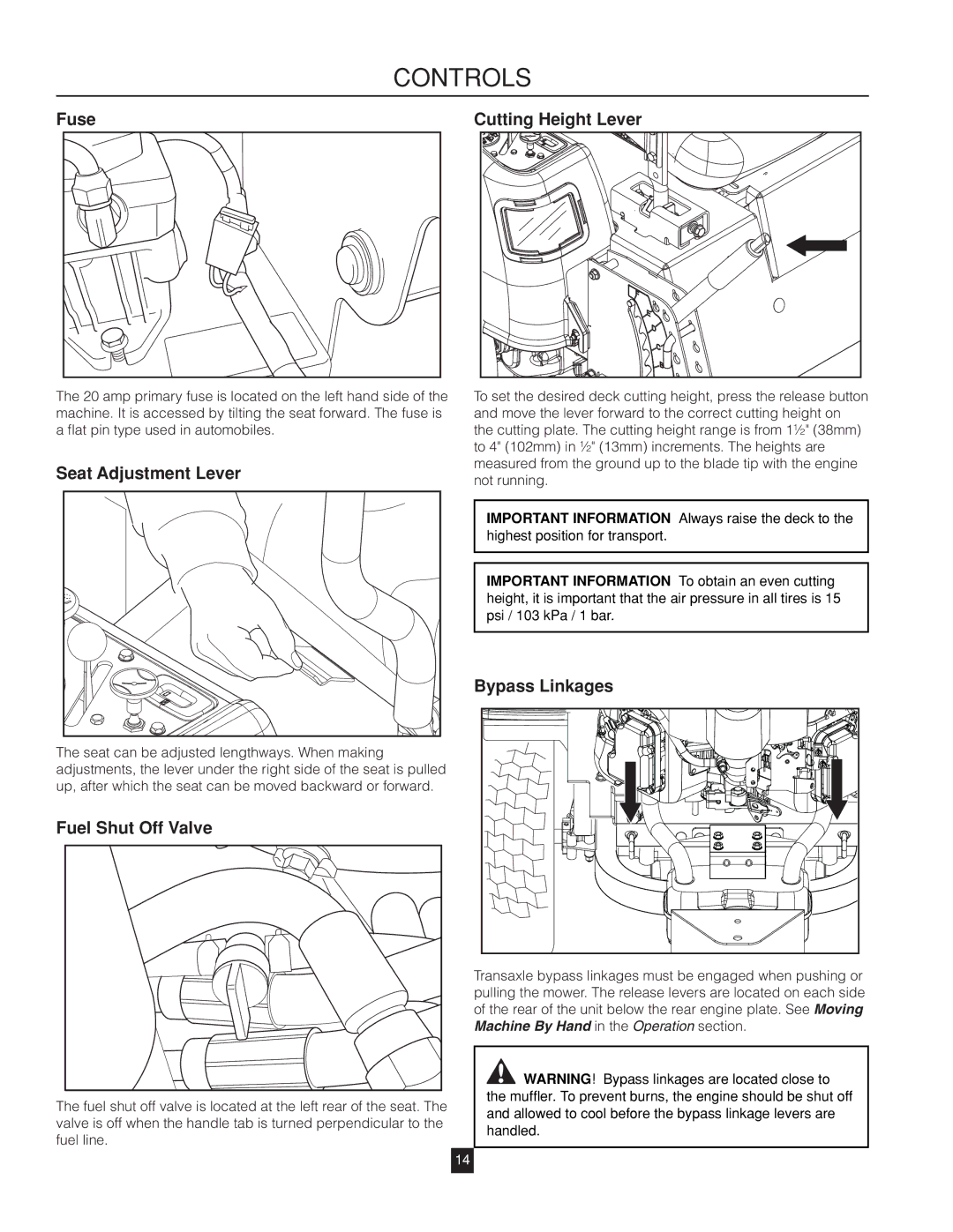 Husqvarna RZ46215 warranty Seat Adjustment Lever Cutting Height Lever, Bypass Linkages, Fuel Shut Off Valve 