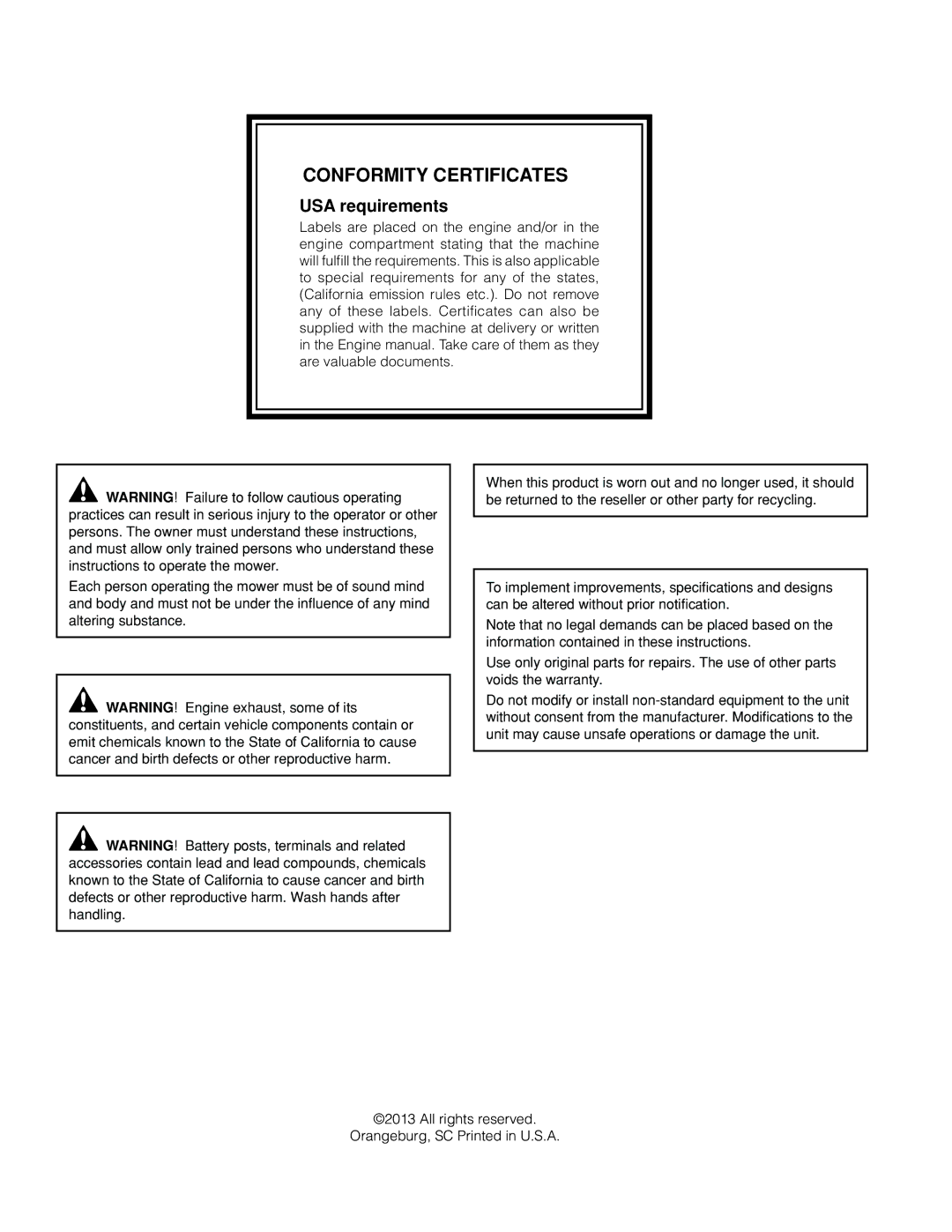 Husqvarna RZ46215 warranty Conformity Certificates, USA requirements 