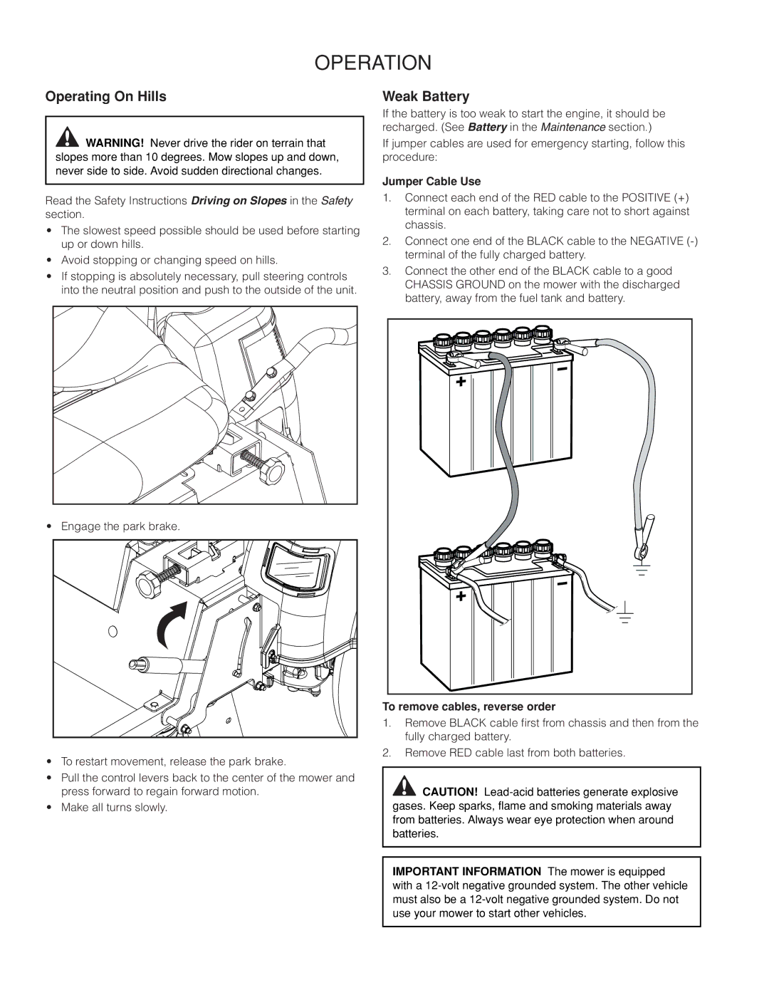 Husqvarna RZ46215 warranty Operating On Hills, Weak Battery, Jumper Cable Use, To remove cables, reverse order 