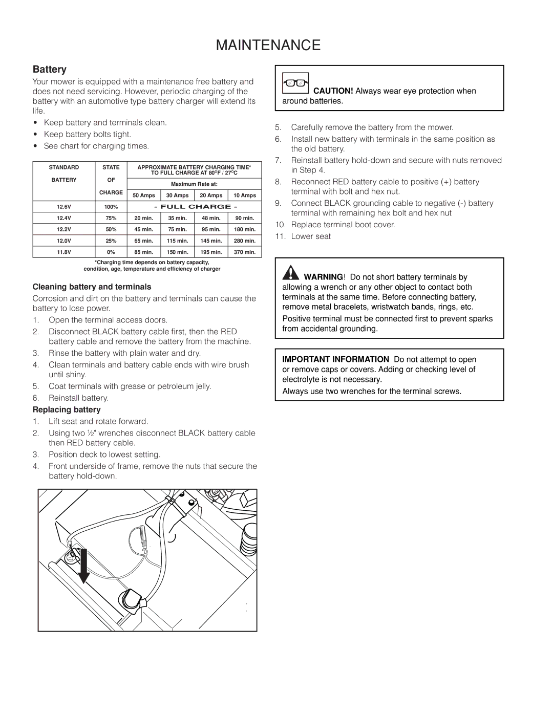 Husqvarna RZ46215 warranty Battery, Cleaning battery and terminals, Replacing battery 