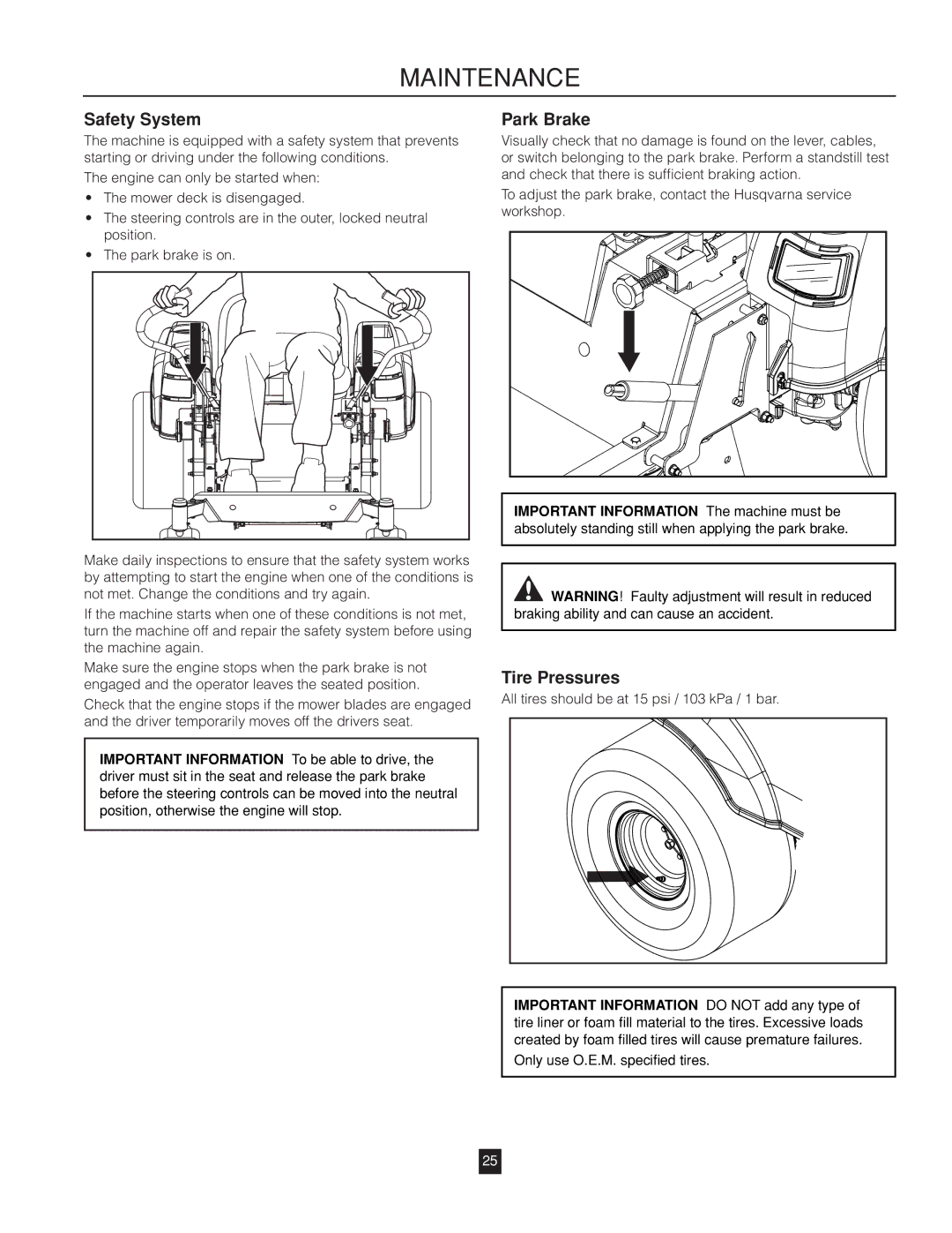 Husqvarna RZ46215 warranty Safety System, Tire Pressures 