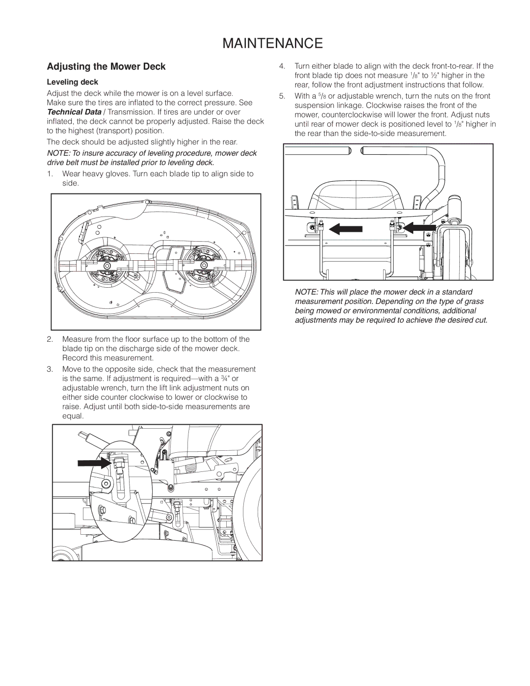 Husqvarna RZ46215 warranty Adjusting the Mower Deck, Leveling deck 