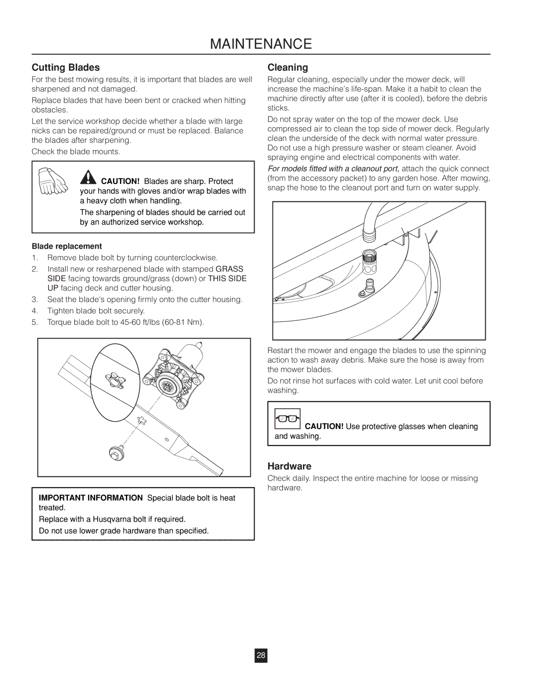 Husqvarna RZ46215 warranty Cutting Blades, Cleaning, Hardware, Blade replacement 